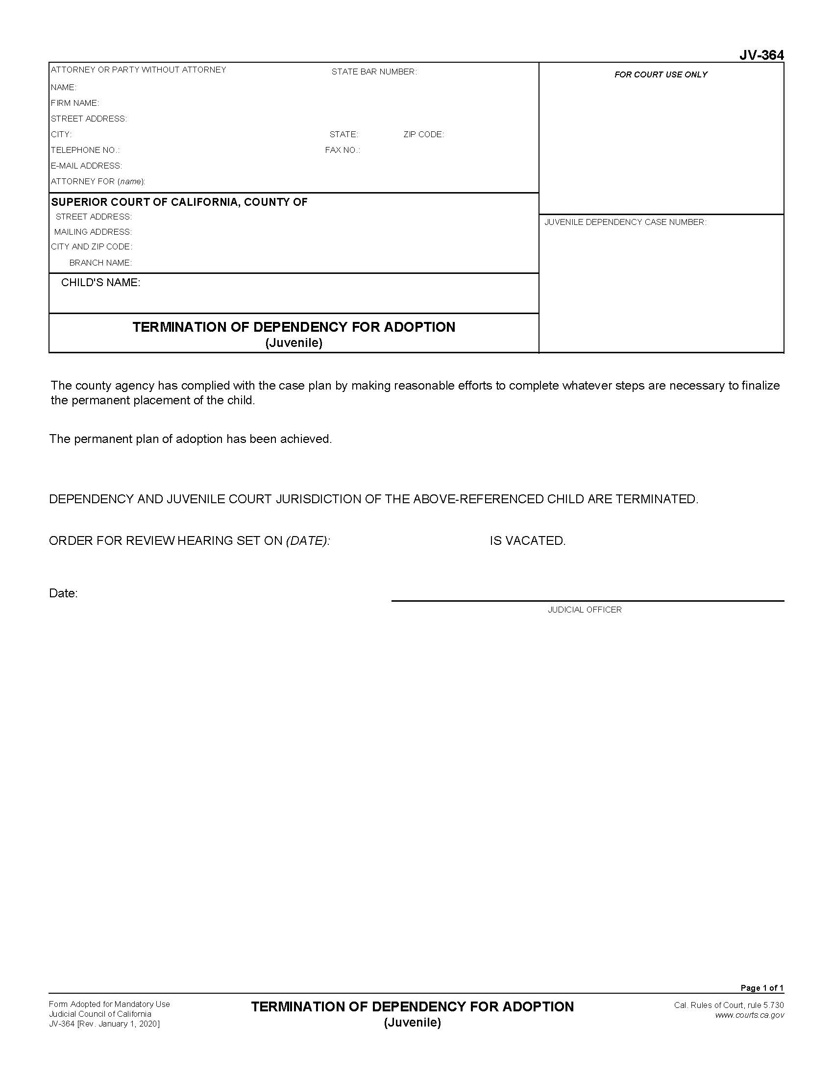 Termination Of Dependency For Adoption {JV-364} | Pdf Fpdf Doc Docx | California