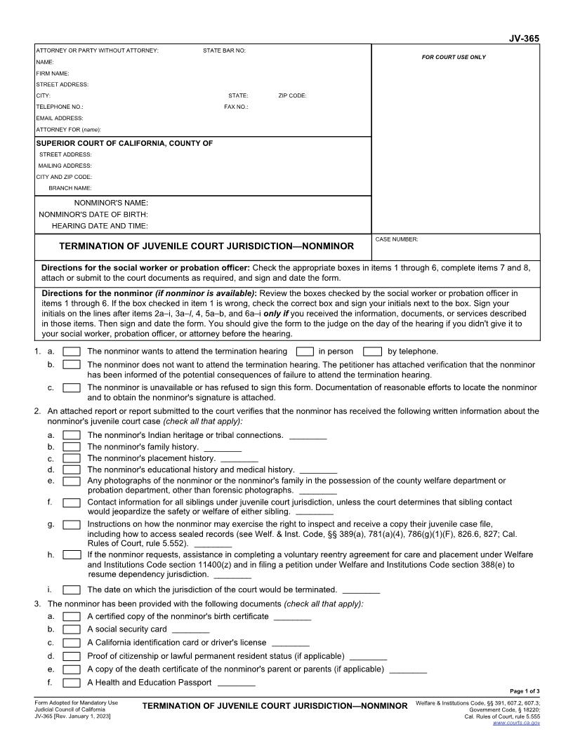 Termination Of Juvenile Court Jurisdiction-Nonminor {JV-365} | Pdf Fpdf Doc Docx | California
