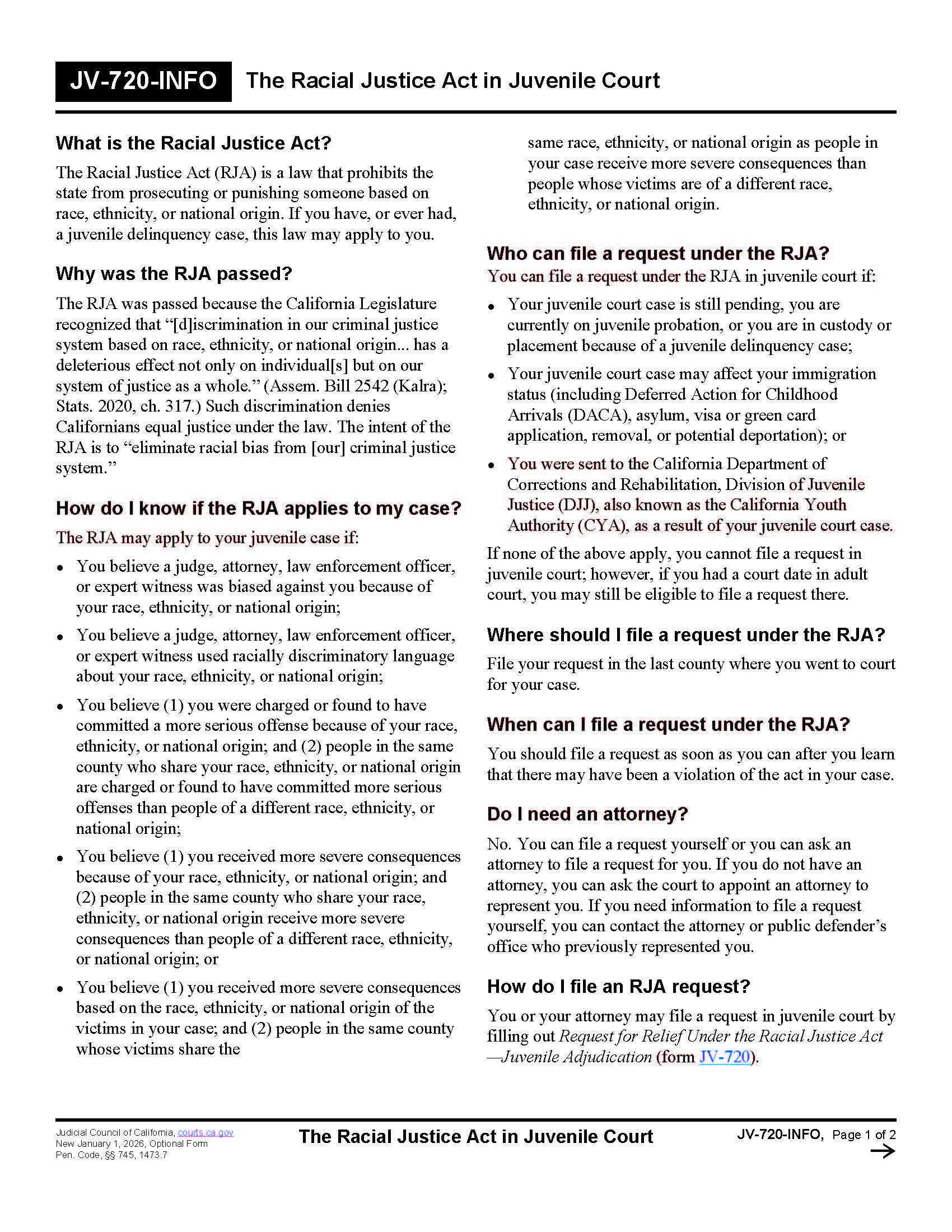 The Racial Justice Act In Juvenile Court {JV-720-INFO} | Pdf Fpdf Docx | California