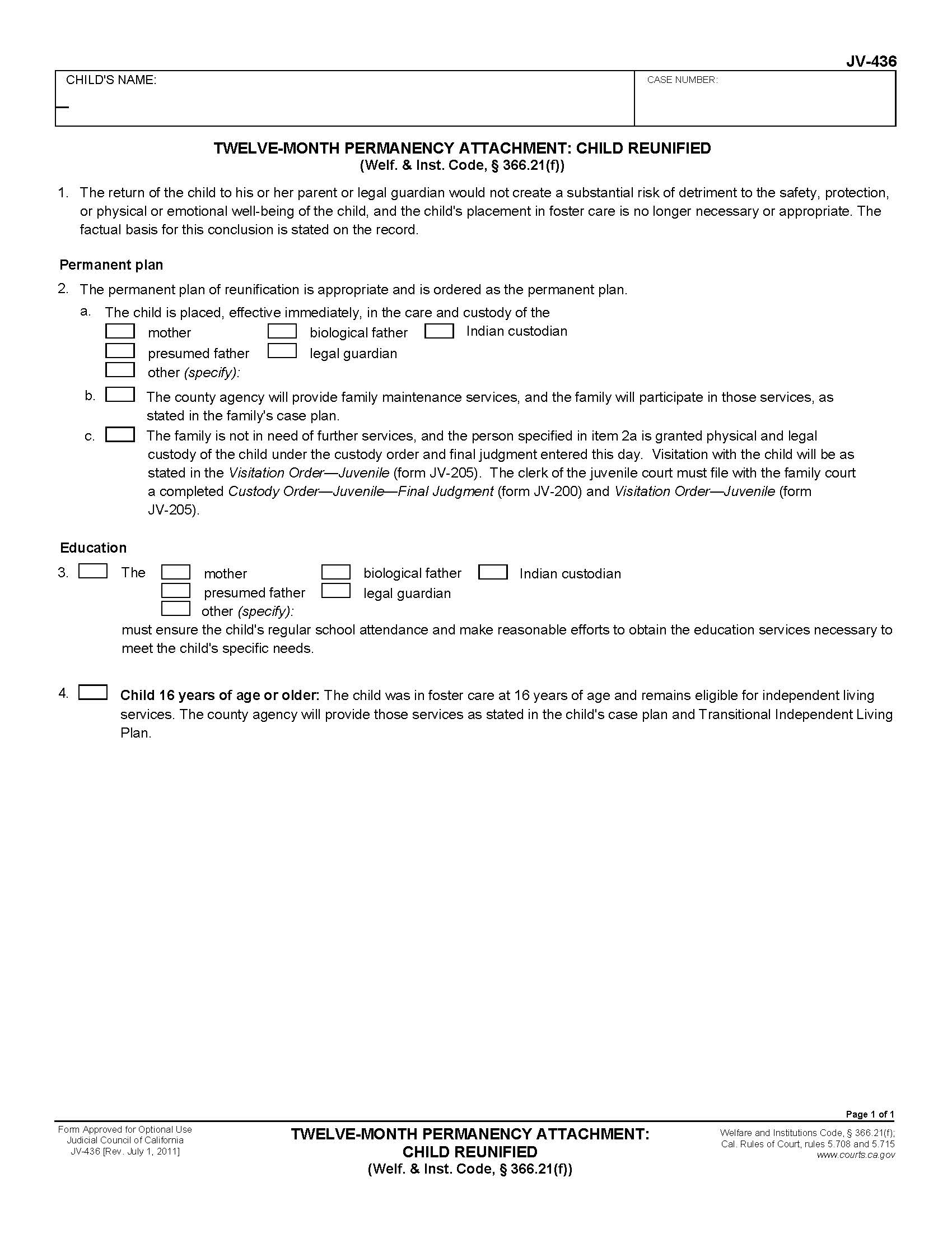 Twelve-Month Permanency Attachment Child Reunified {JV-436} | Pdf Fpdf Doc Docx | California