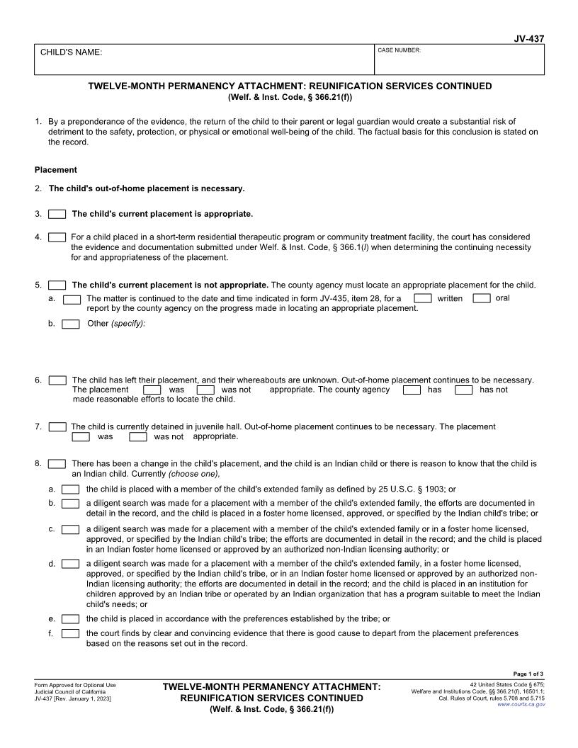 Twelve-Month Permanency Attachment Reunification Services Continued {JV-437} | Pdf Fpdf Doc Docx | California