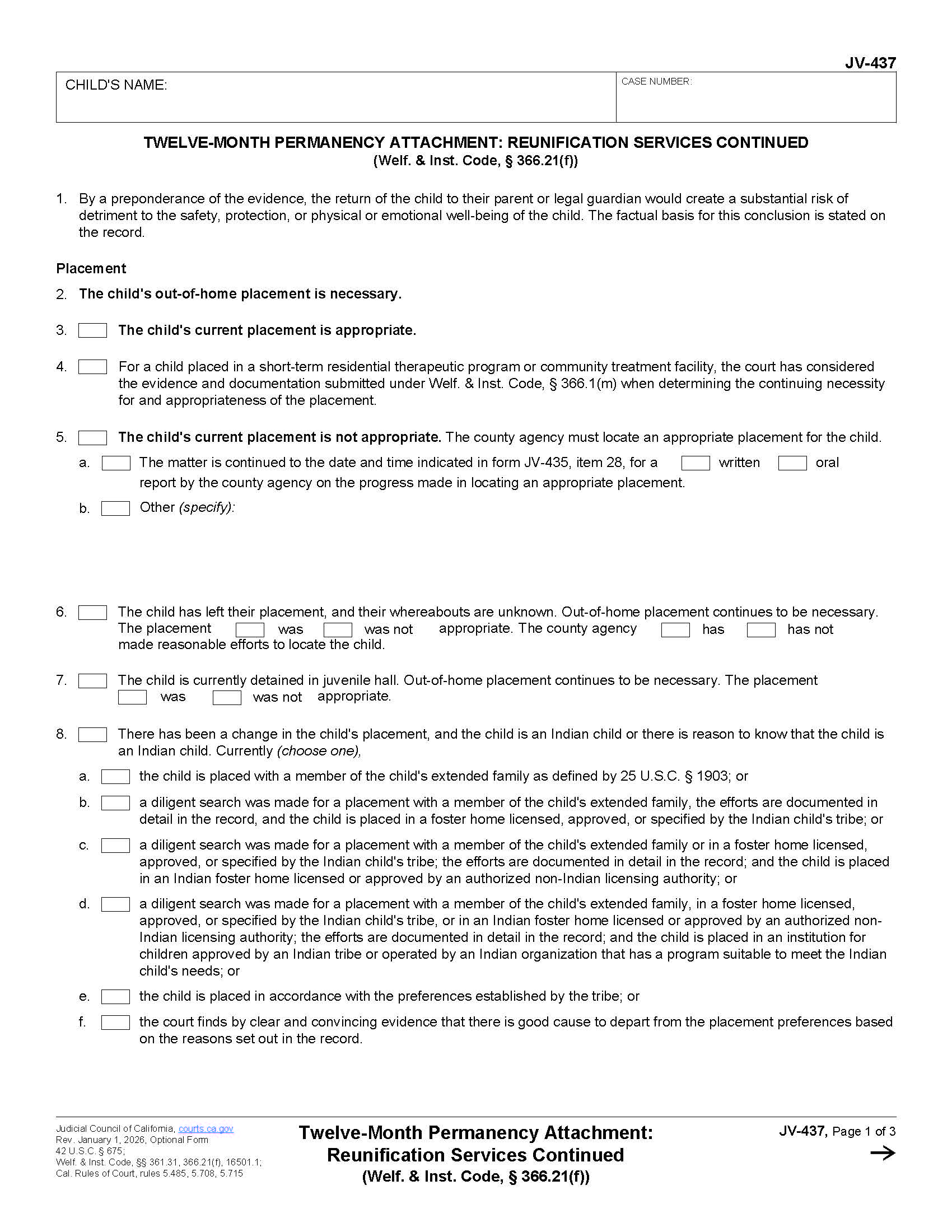 Twelve-Month Permanency Attachment Reunification Services Continued {JV-437} | Pdf Fpdf Doc Docx | California