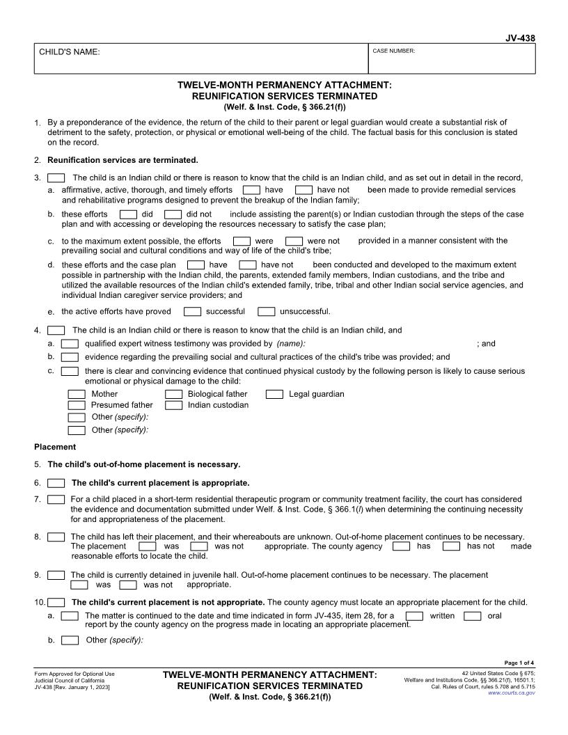 Twelve-Month Permanency Attachment Reunification Services Terminated {JV-438} | Pdf Fpdf Docx | California