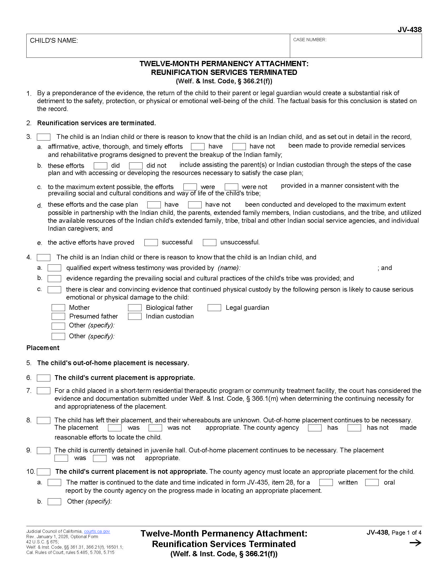 Twelve-Month Permanency Attachment Reunification Services Terminated {JV-438} | Pdf Fpdf Docx | California