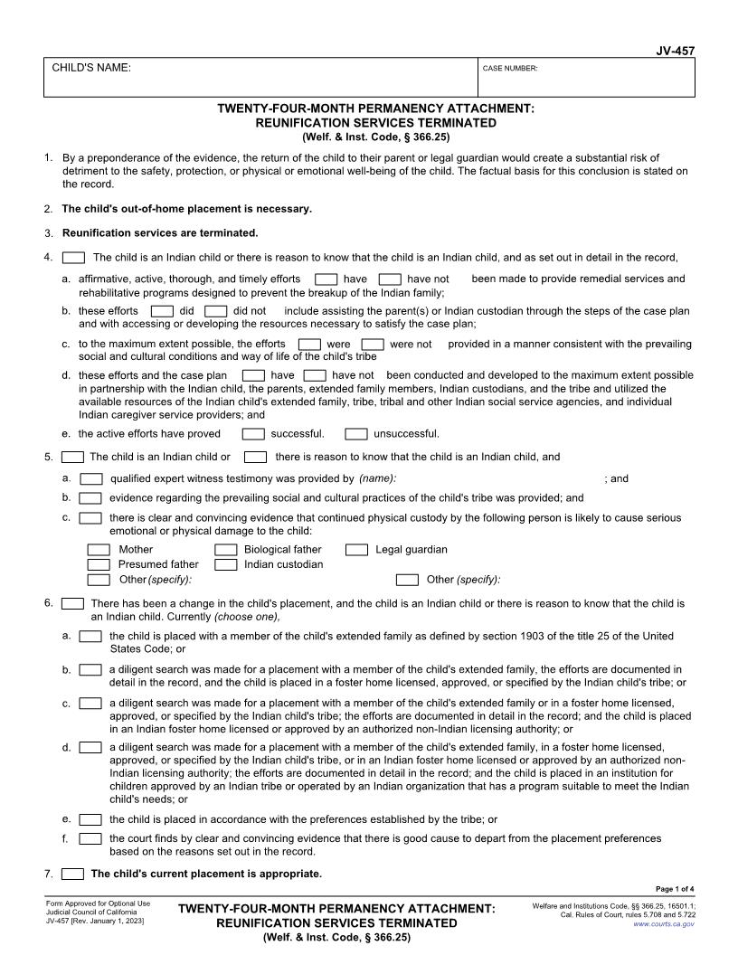 Twenty-Four-Month Permanency Attachment Reunification Services Terminated {JV-457} | Pdf Fpdf Docx | California