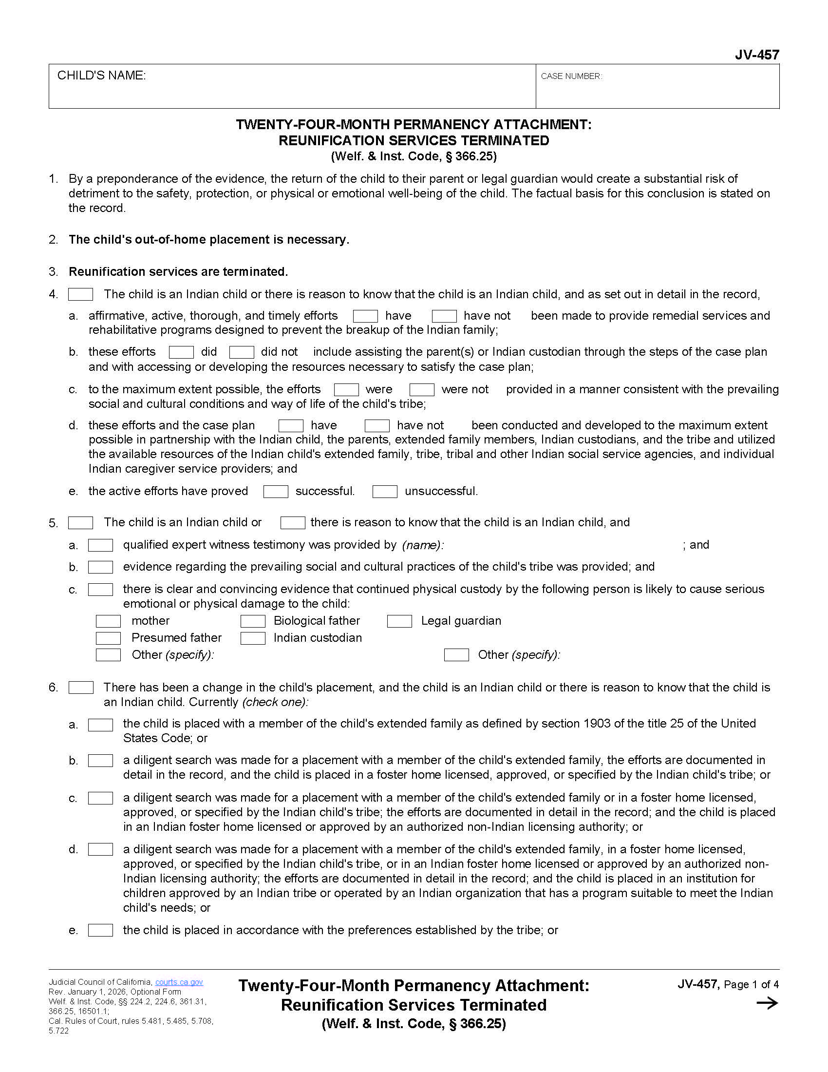 Twenty-Four-Month Permanency Attachment Reunification Services Terminated {JV-457} | Pdf Fpdf Docx | California