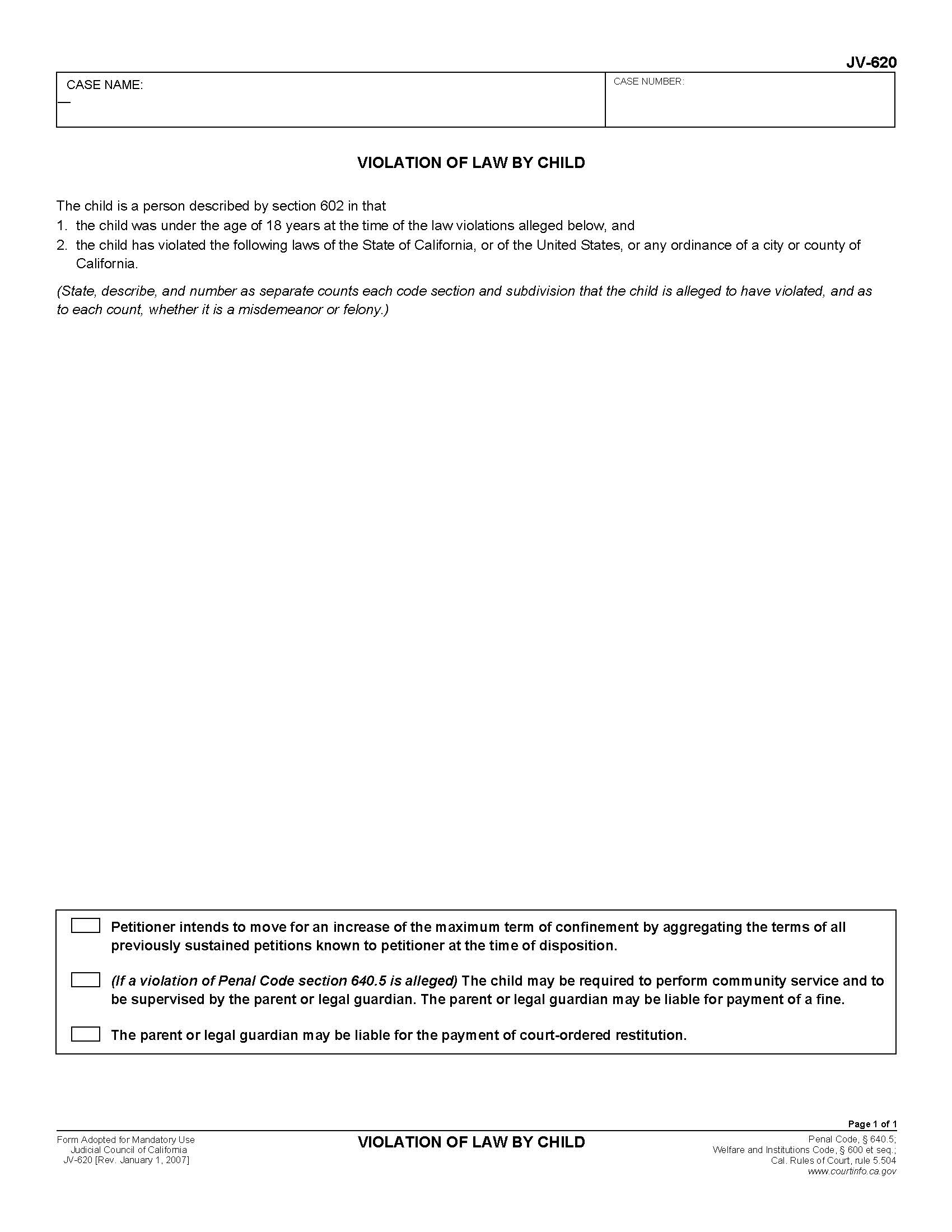 Violation Of Law By Child {JV-620} | Pdf Fpdf Doc Docx | California