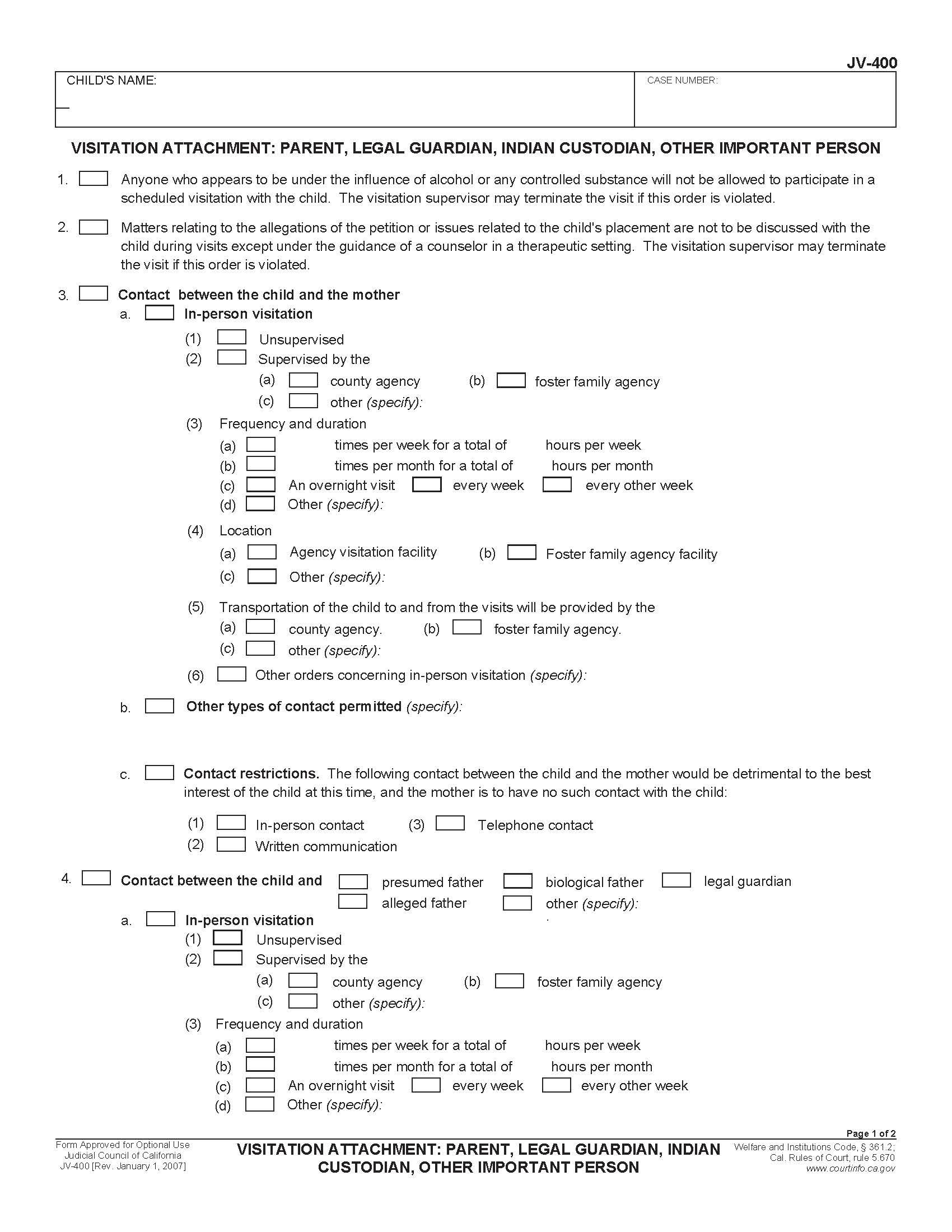 Visitation Attachment Parent Legal Guardian Indian Custodian Other Important Person {JV-400} | Pdf Fpdf Doc Docx | California
