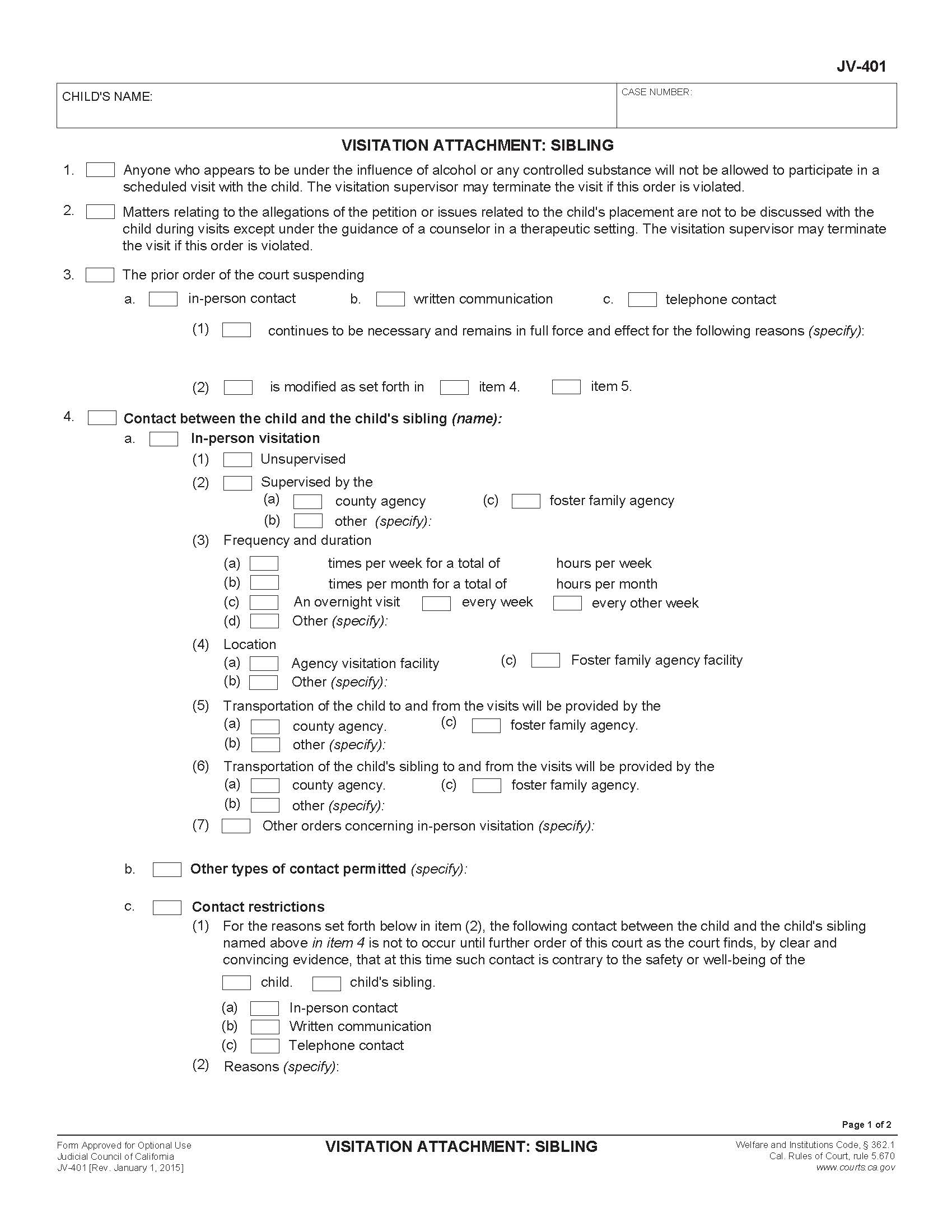 Visitation Attachment Sibling {JV-401} | Pdf Fpdf Doc Docx | California