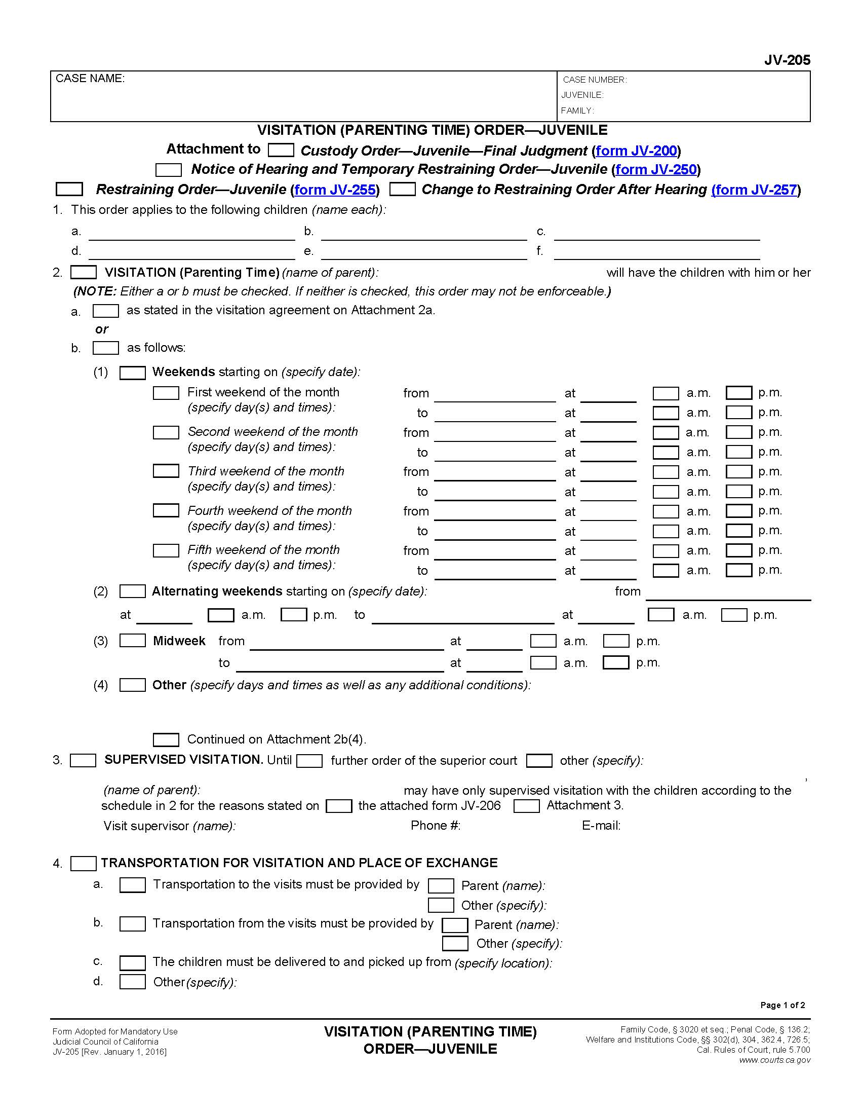 Visitation Order-Juvenile {JV-205} | Pdf Fpdf Doc Docx | California