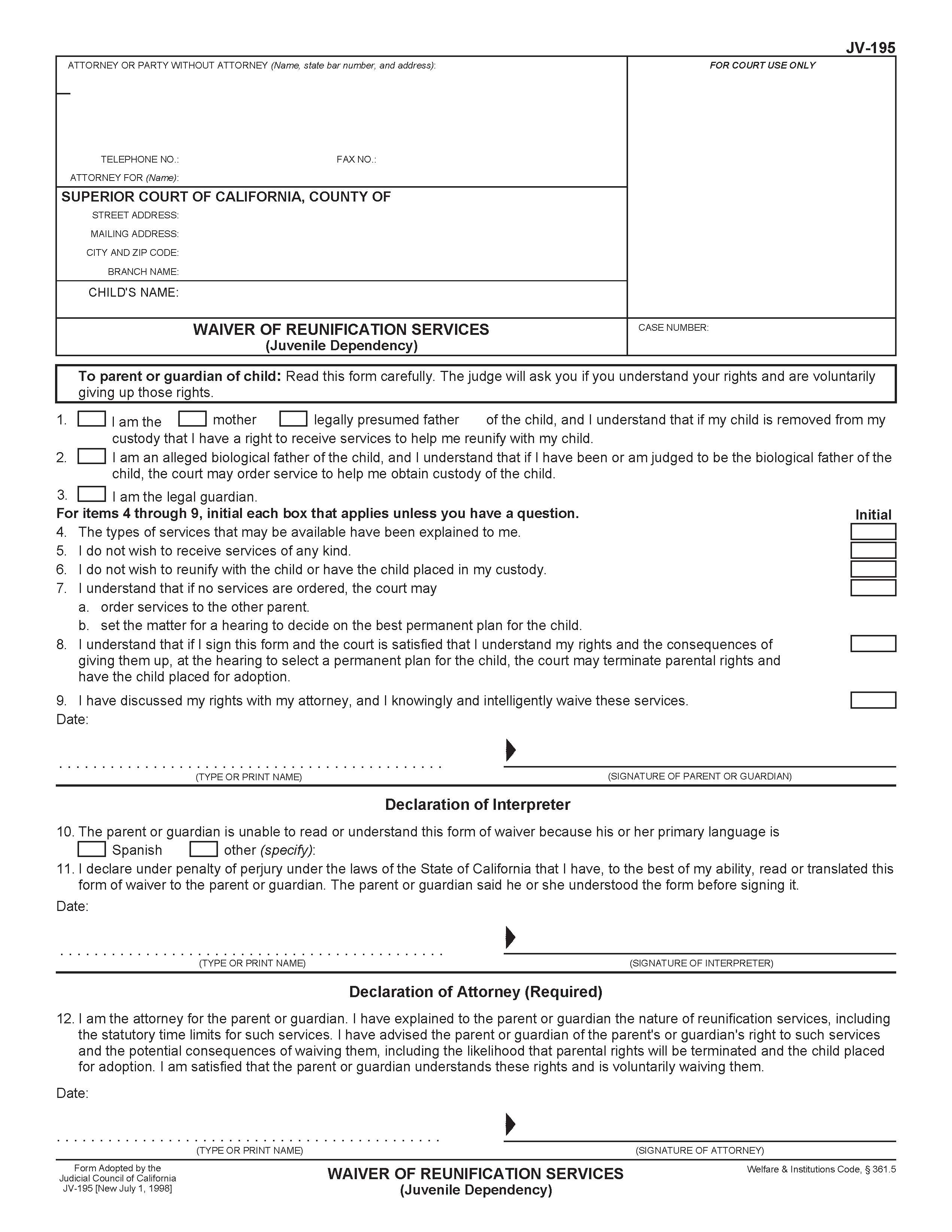 Waiver Of Reunification Services (Juvenile Dependency) {JV-195} | Pdf Fpdf Doc Docx | California