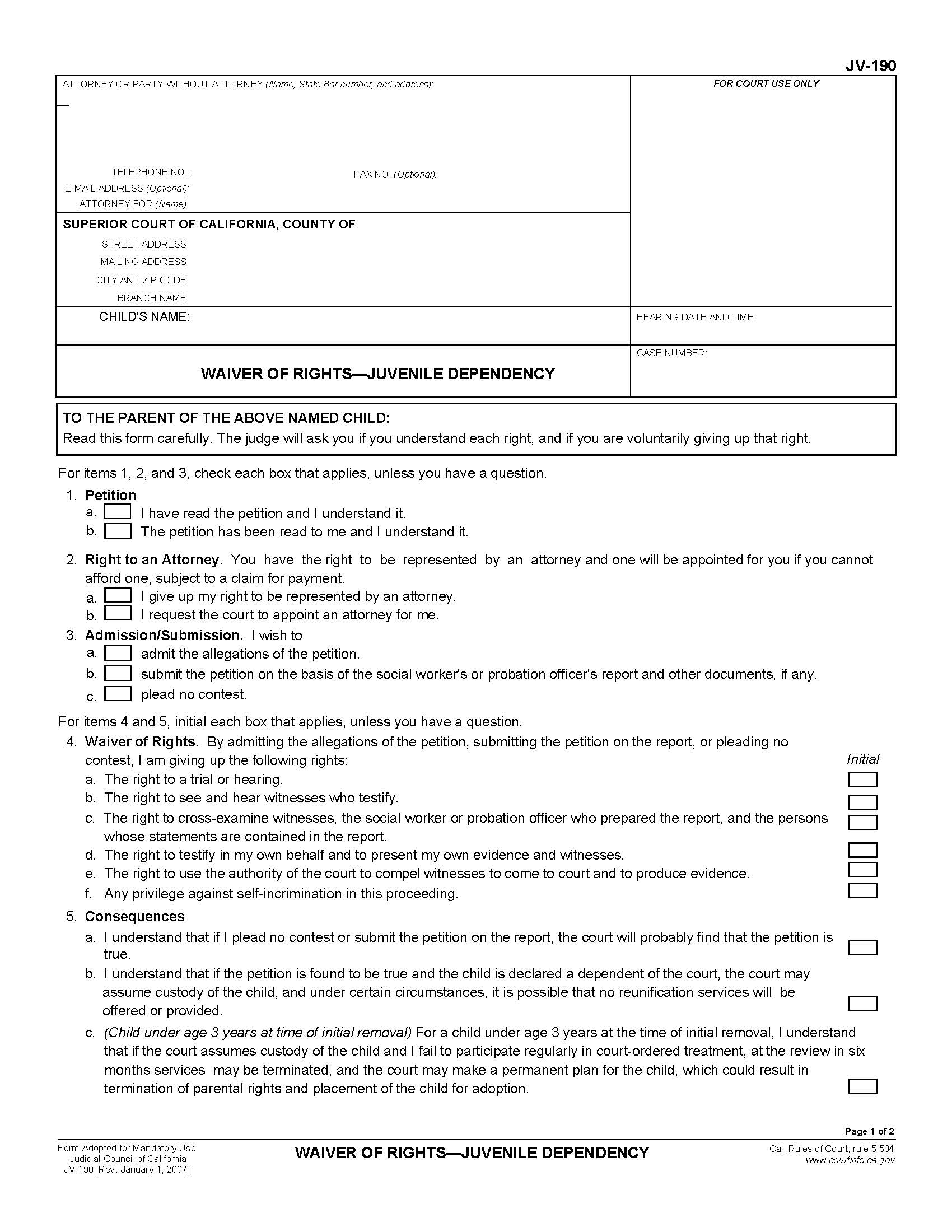 Waiver Of Rights (Juvenile Dependency) {JV-190} | Pdf Fpdf Doc Docx | California