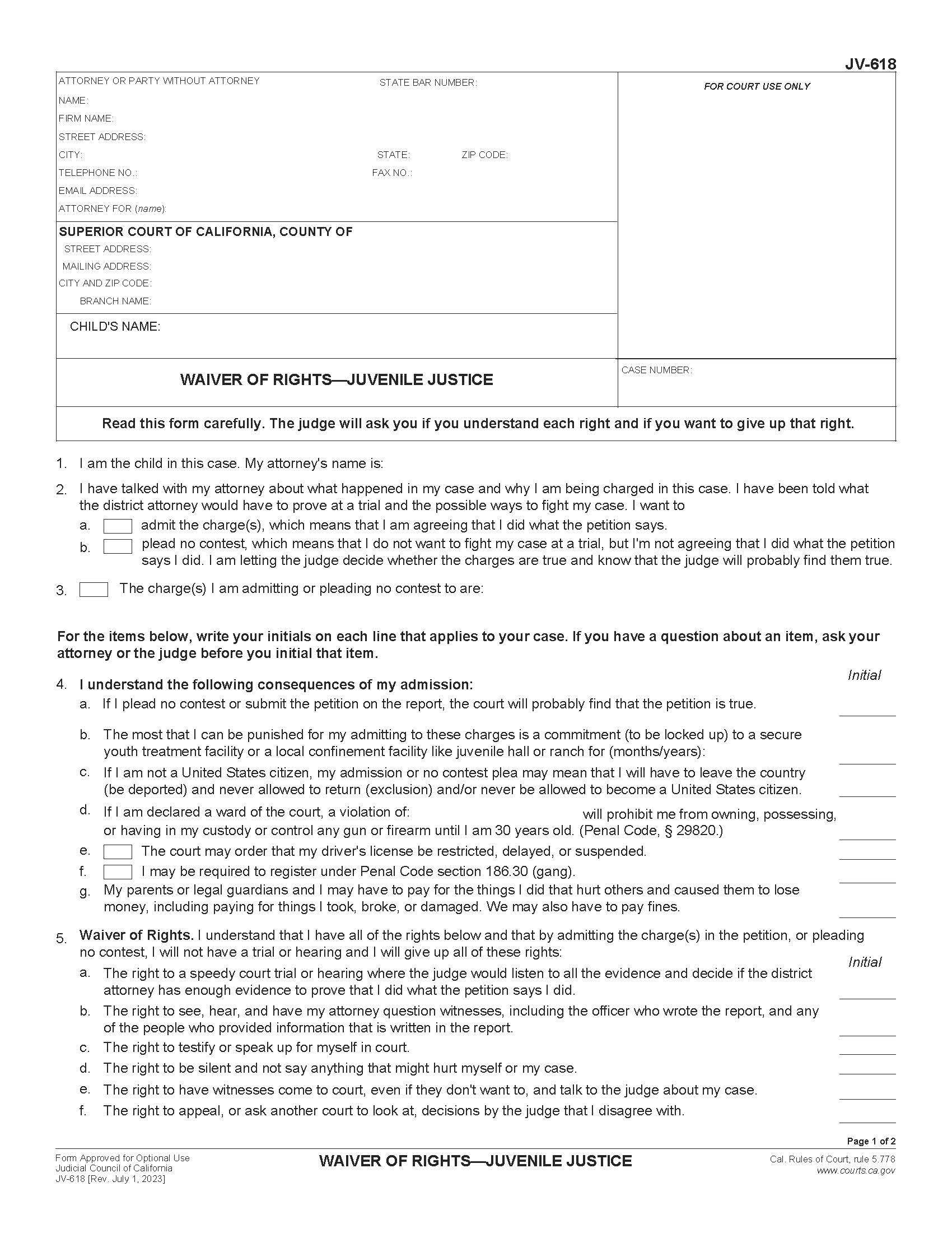 Waiver Of Rights-Juvenile Justice {JV-618} | Pdf Fpdf Doc Docx | California