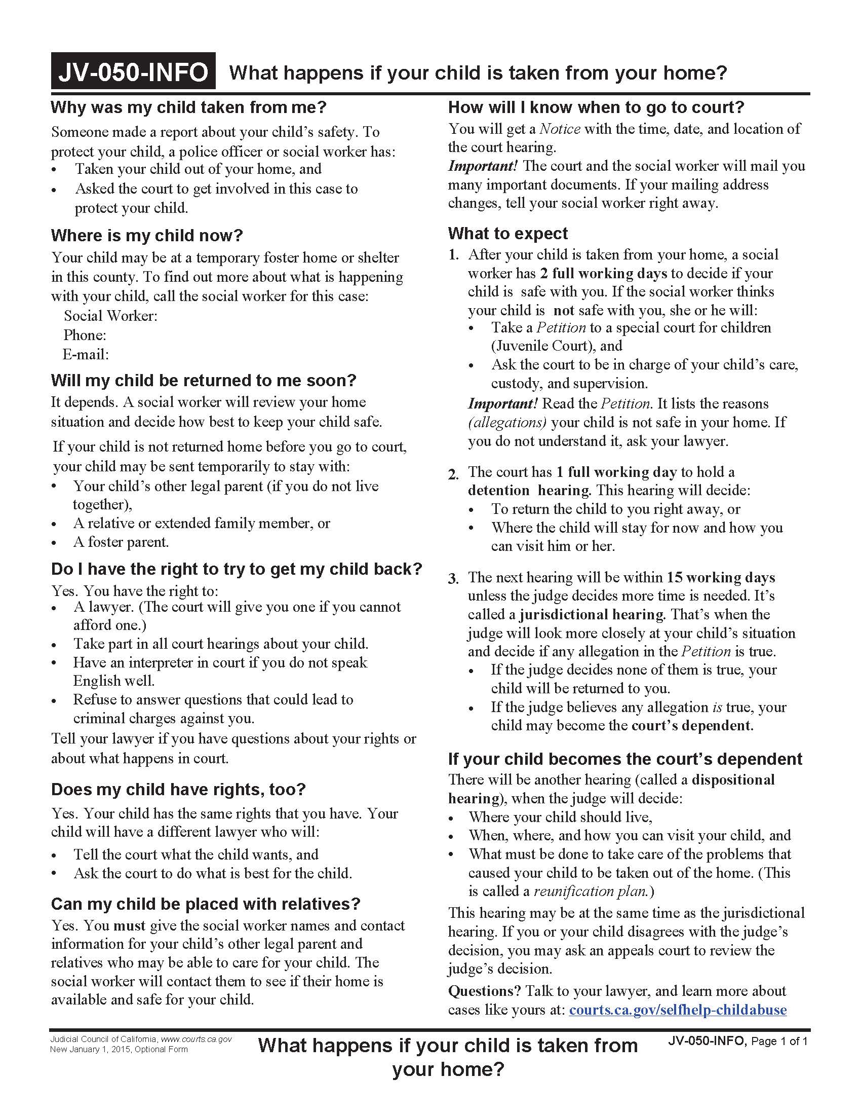 What Happens If Your Child Is Taken From Your Home {JV-050-INFO} | Pdf Fpdf Doc Docx | California