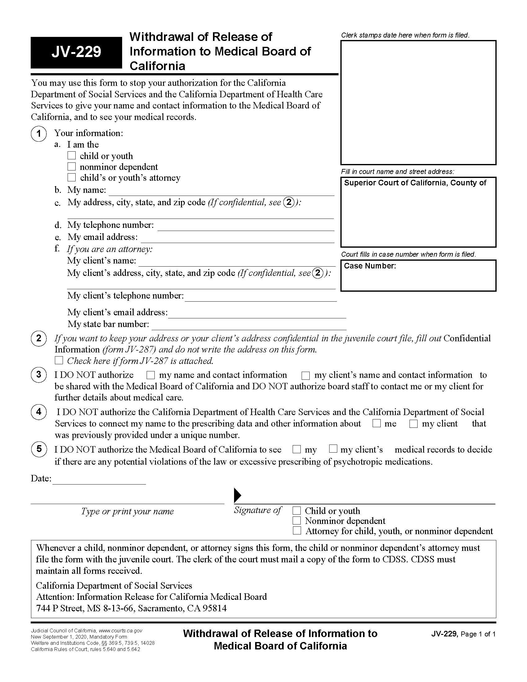 Withdrawl Of Release Of Information To Medical Board Of California {JV-229} | Pdf Fpdf Docx | California