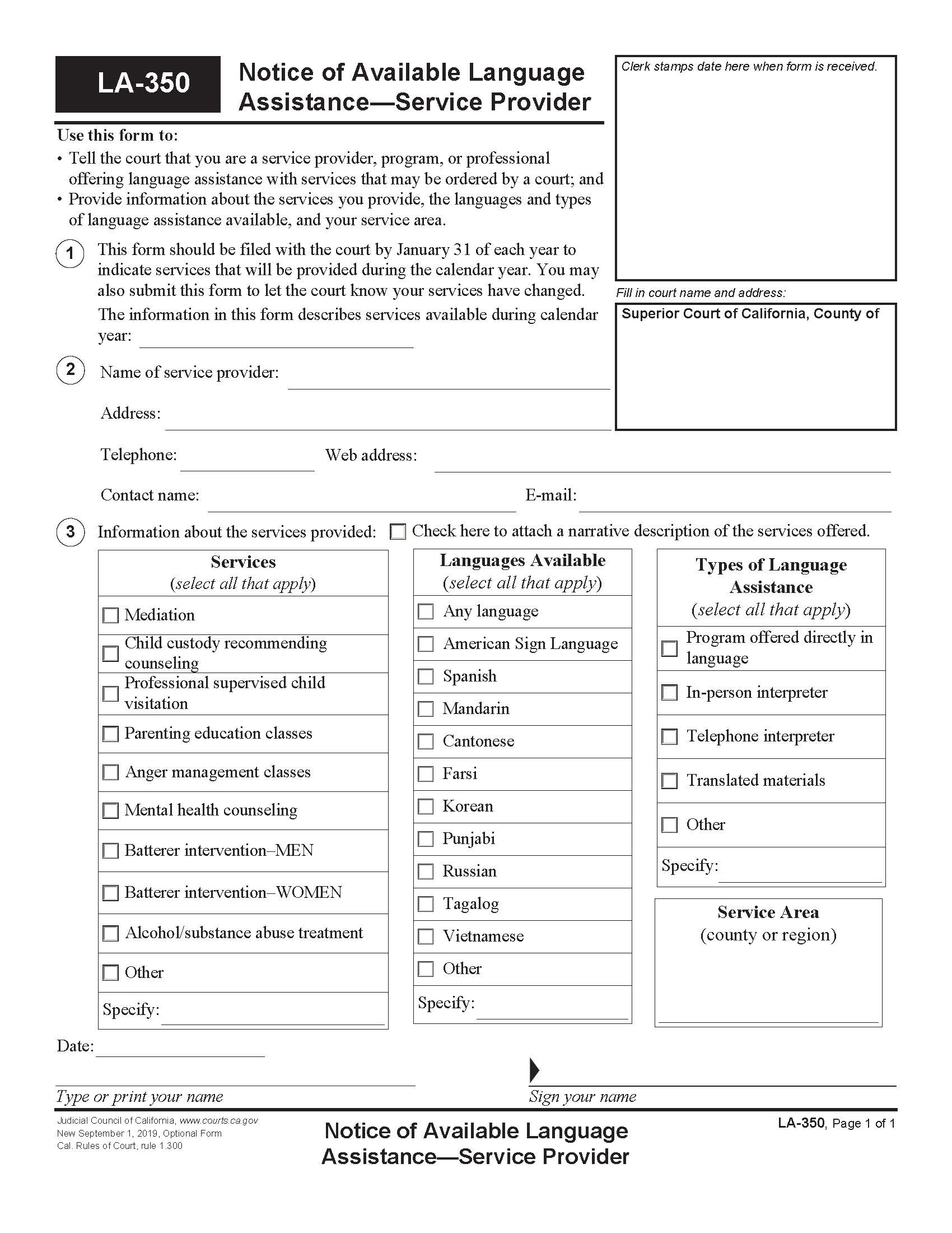 Notice Of Available Language Assistance-Service Provider {LA-350} | Pdf Fpdf Docx | California
