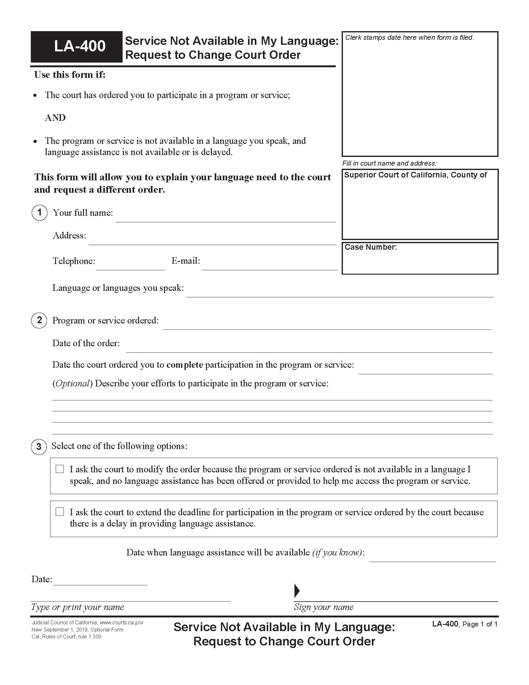 Service Not Available In My Language Request To Change Court Order {LA-400} | Pdf Fpdf Docx | California