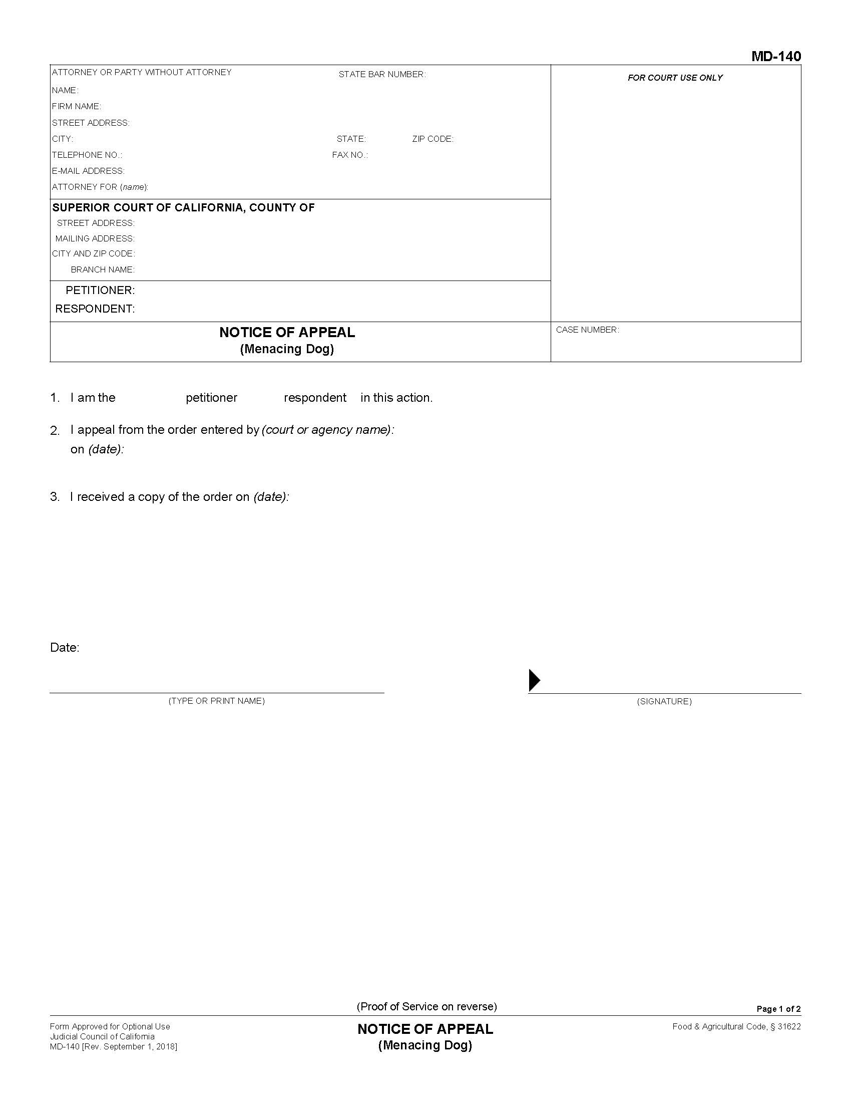 Notice Of Appeal (Menacing Dog) {MD-140} | Pdf Fpdf Docx | California