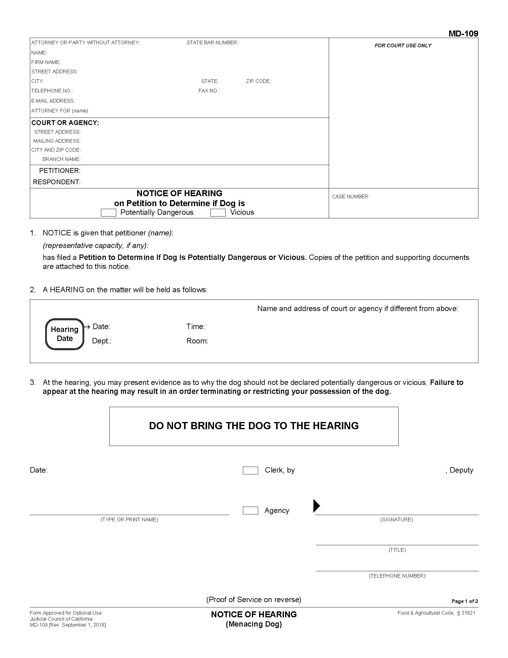 Notice Of Hearing (Menacing Dog) {MD-109} | Pdf Fpdf Docx | California