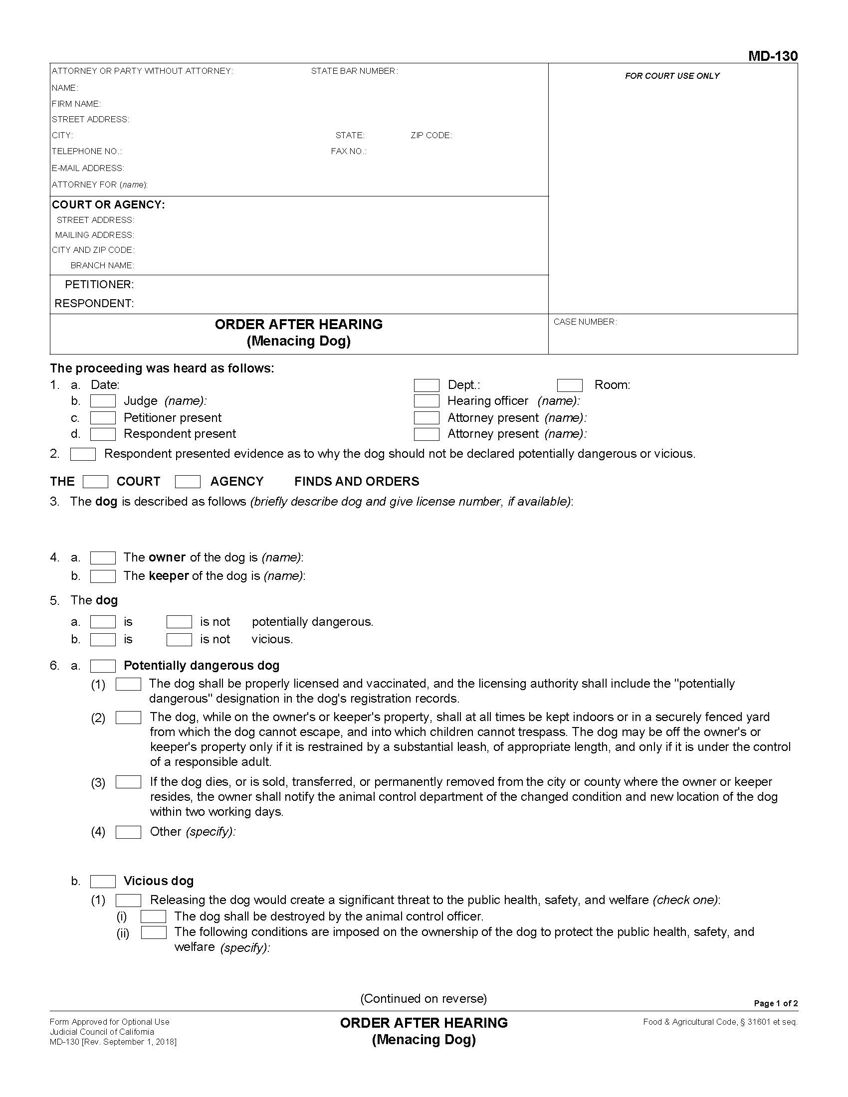 Order After Hearing (Menacing Dog) {MD-130} | Pdf Fpdf Docx | California