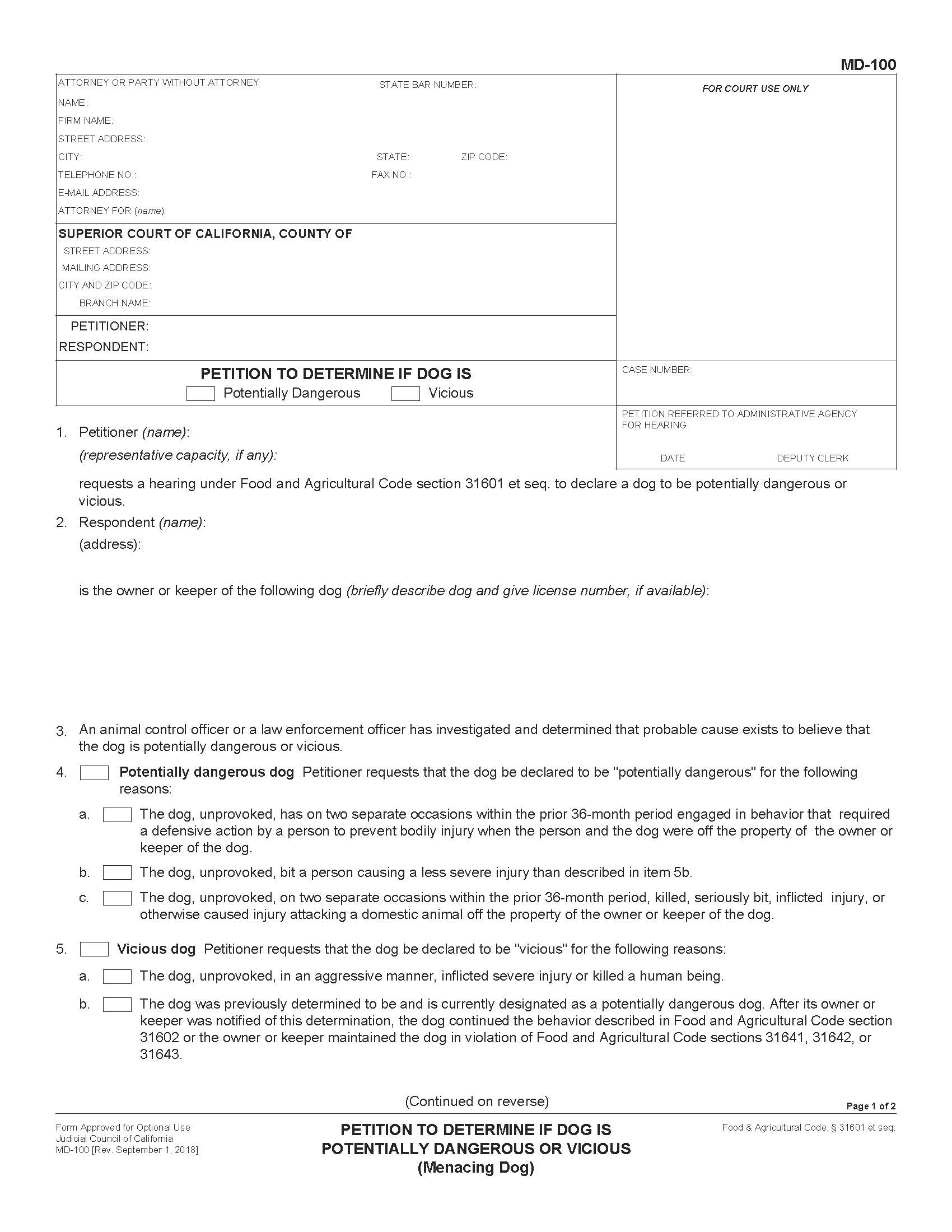Petition To Determne If Dog Is Potentially Dangerous Or Vicious {MD-100} | Pdf Fpdf Docx | California