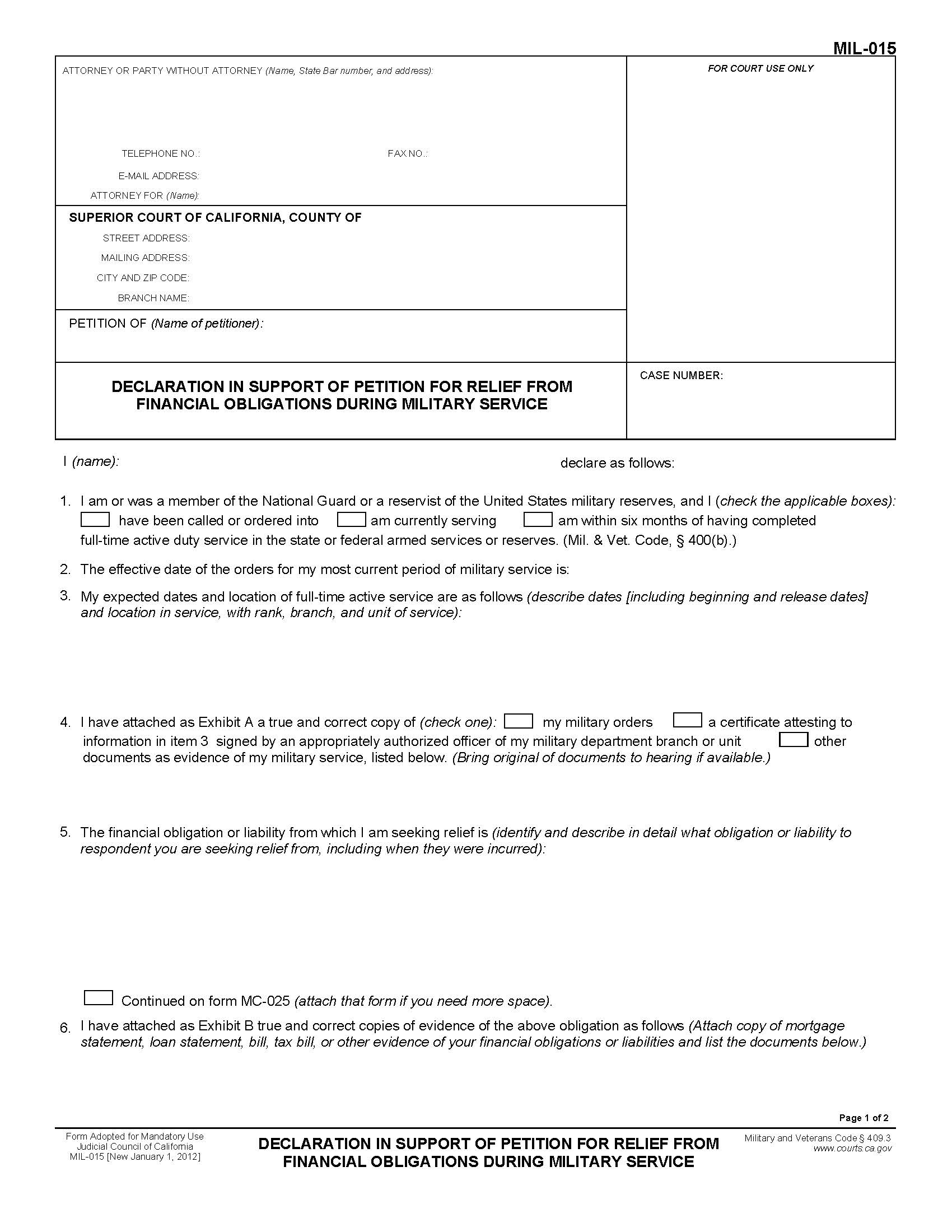 Declaration In Support Of Petition For Relief From Financial Obligations {MIL-015} | Pdf Fpdf Doc Docx | California