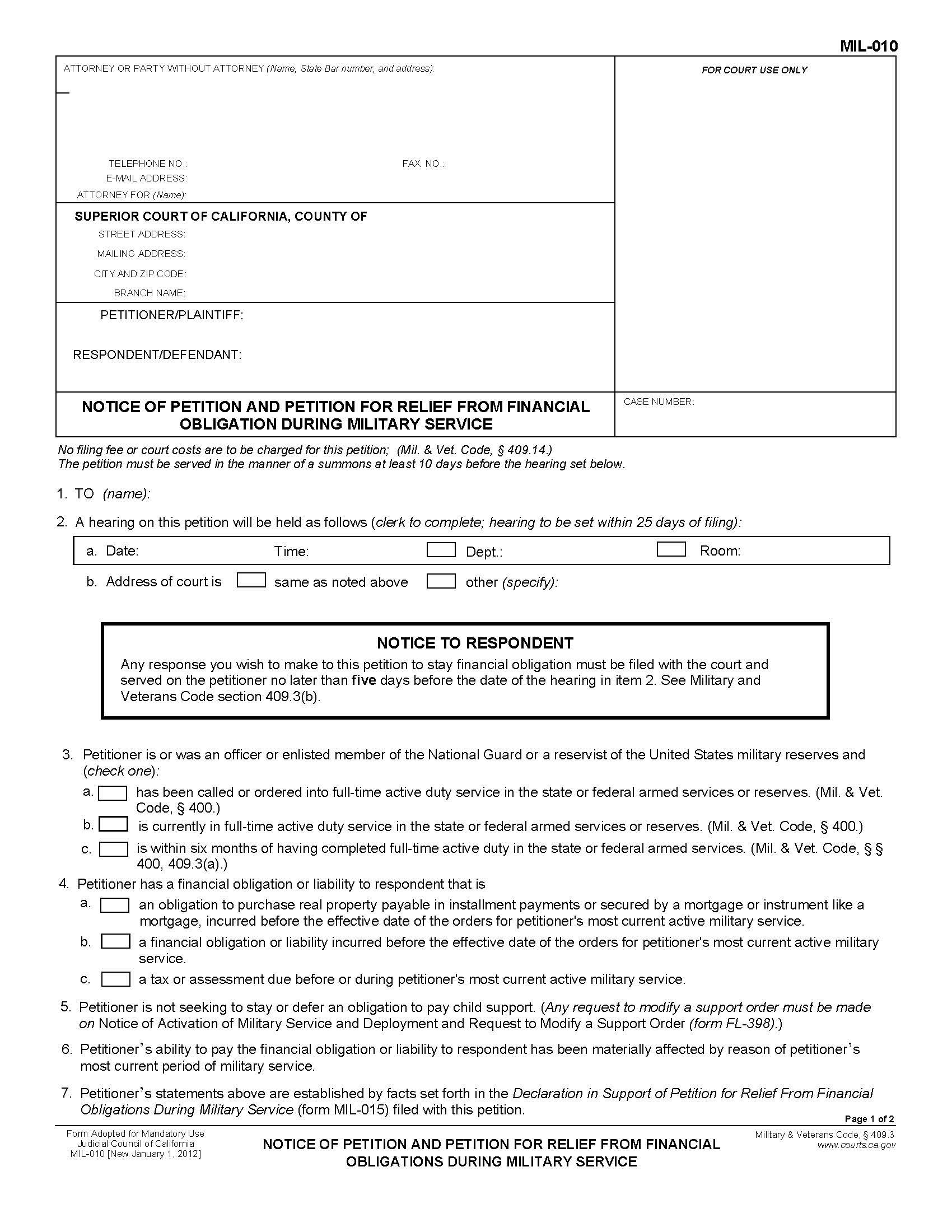 Notice Of Petition And Petition For Relief From Financial Obligation {MIL-010} | Pdf Fpdf Doc Docx | California