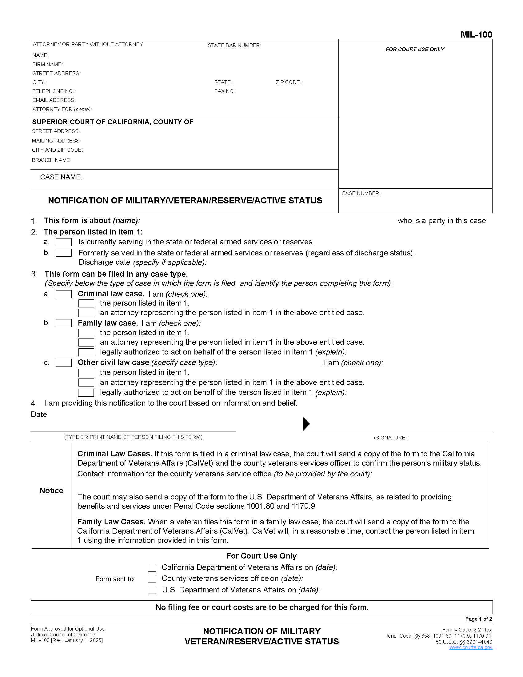 Notification Of Military Veteran-Reserve-Active Status {MIL-100} | Pdf Fpdf Doc Docx | California