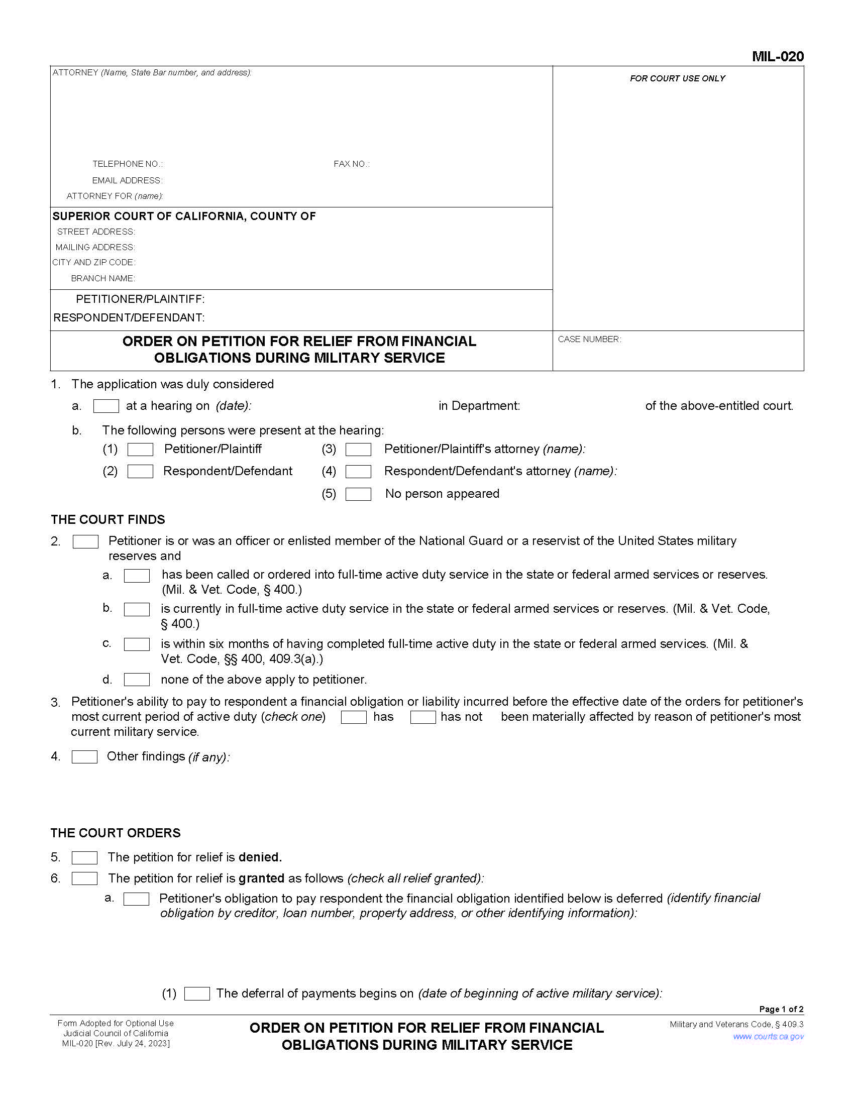 Order On Petition For Relief From Financial Obligations During Military Service {MIL-020} | Pdf Fpdf Doc Docx | California