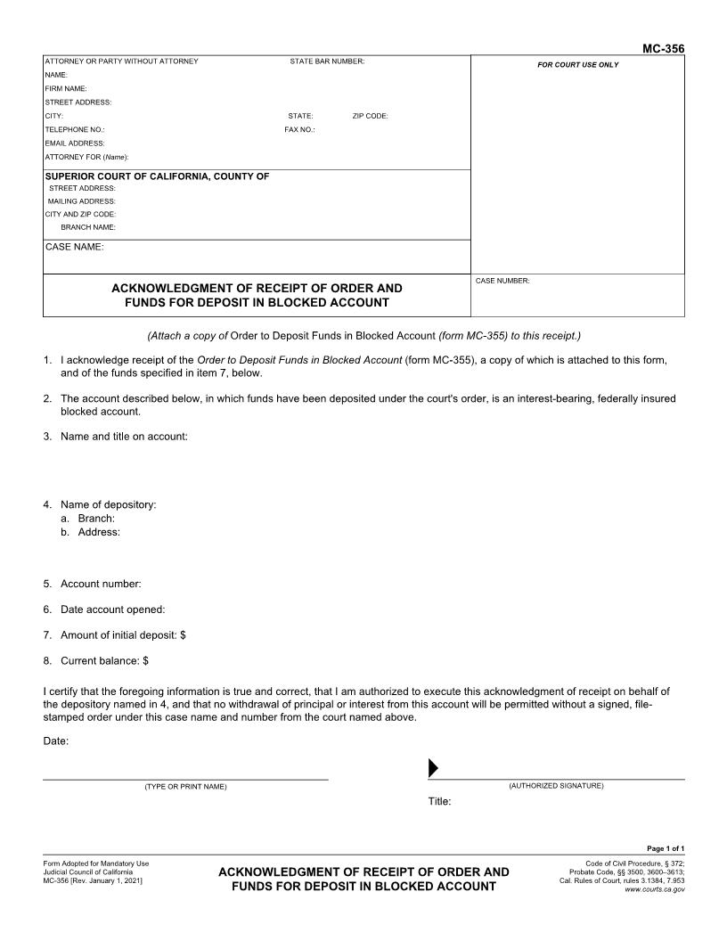 Acknowledgment Of Receipt Of Order And Funds For Deposit In Blocked Account {MC-356} | Pdf Fpdf Doc Docx | California