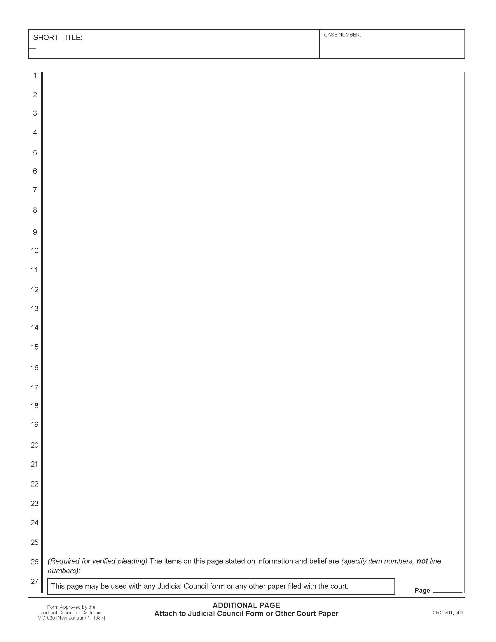 Additional Page Attach To Judicial Council Form Or Other Court Paper {MC-020} | Pdf Fpdf Doc Docx | California