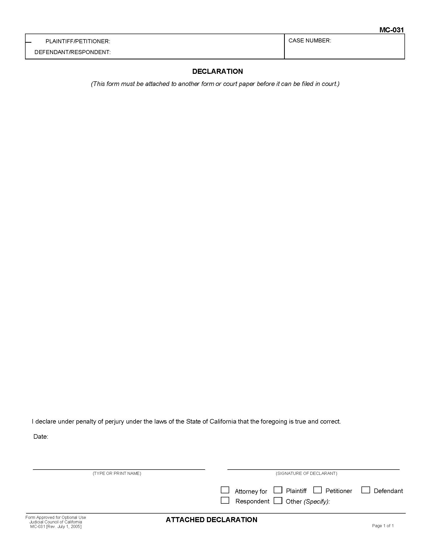 Attached Declaration (Reverse Of MC-030) {MC-031} | Pdf Fpdf Doc Docx | California
