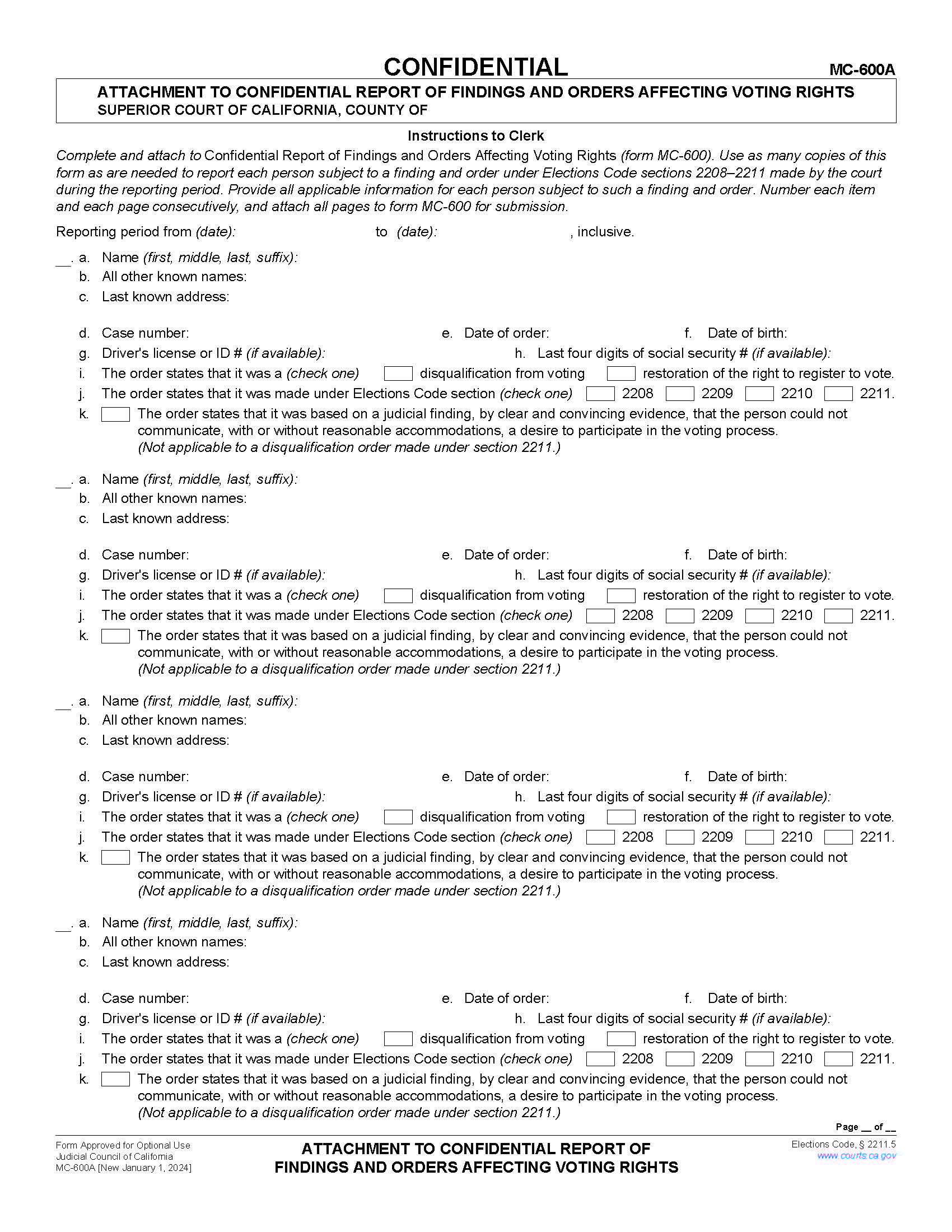 Attachment To Confidential Report Of Findings And Orders Affecting Voting Rights {MC-600A} | Pdf Fpdf Docx | California