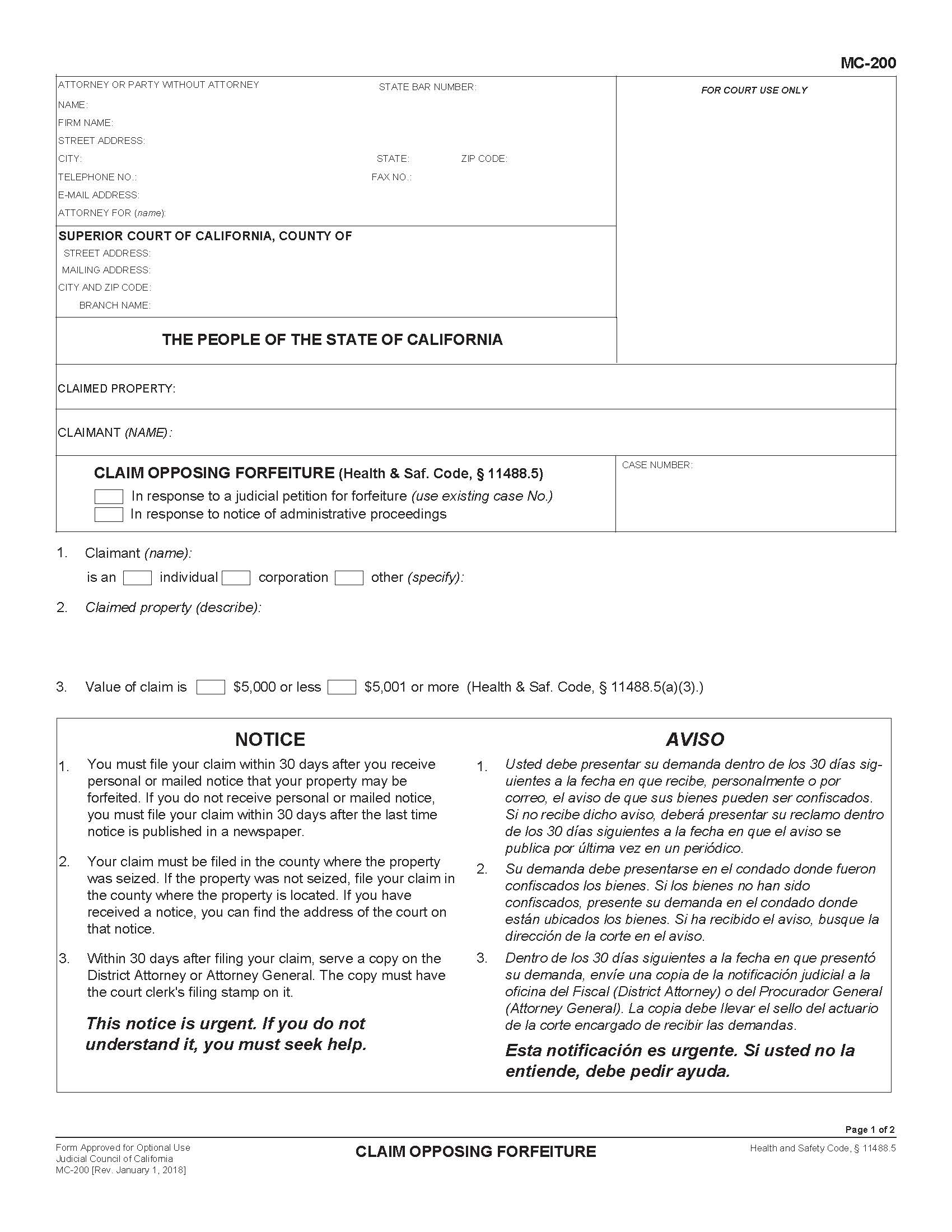 Claim Opposing Forfeiture {MC-200} | Pdf Fpdf Docx | California