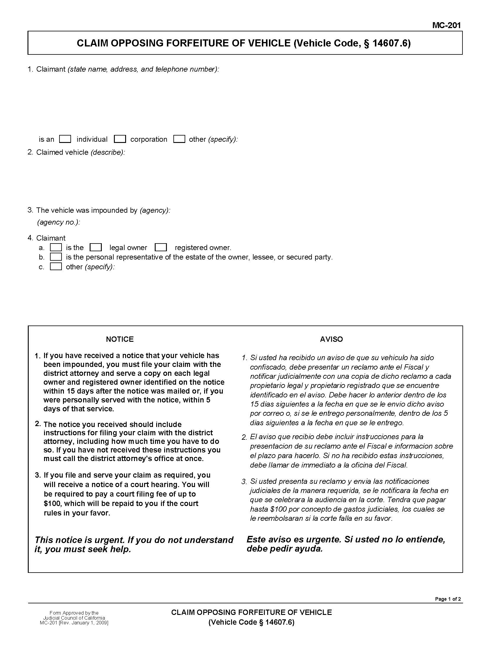 Claim Opposing Forfeiture Of Vehicle (Vehicle Code 14607.6) {MC-201} | Pdf Fpdf Doc Docx | California