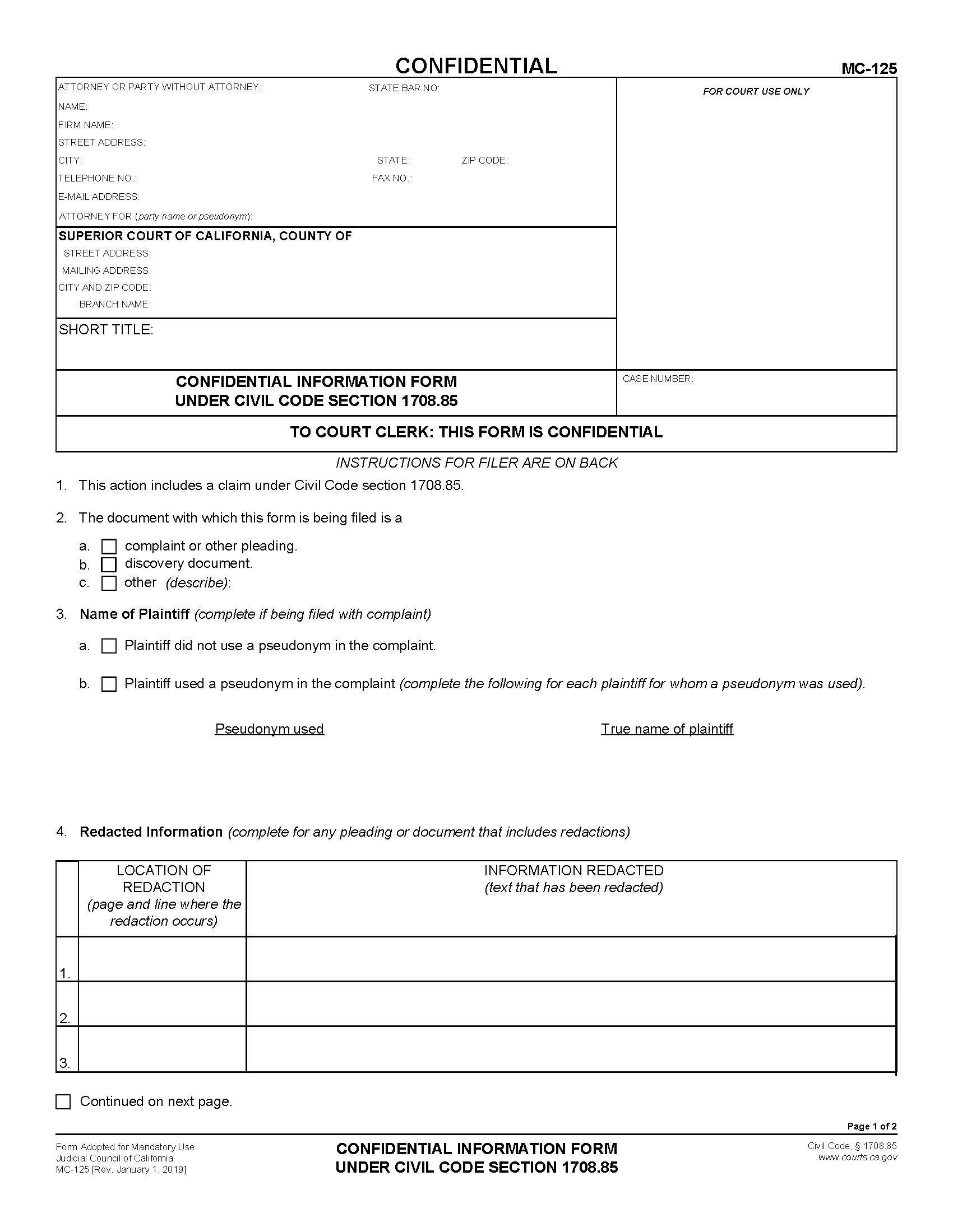 Confidential Information Form Under Civil Code Section 1708.85 {MC-125} | Pdf Fpdf Docx | California