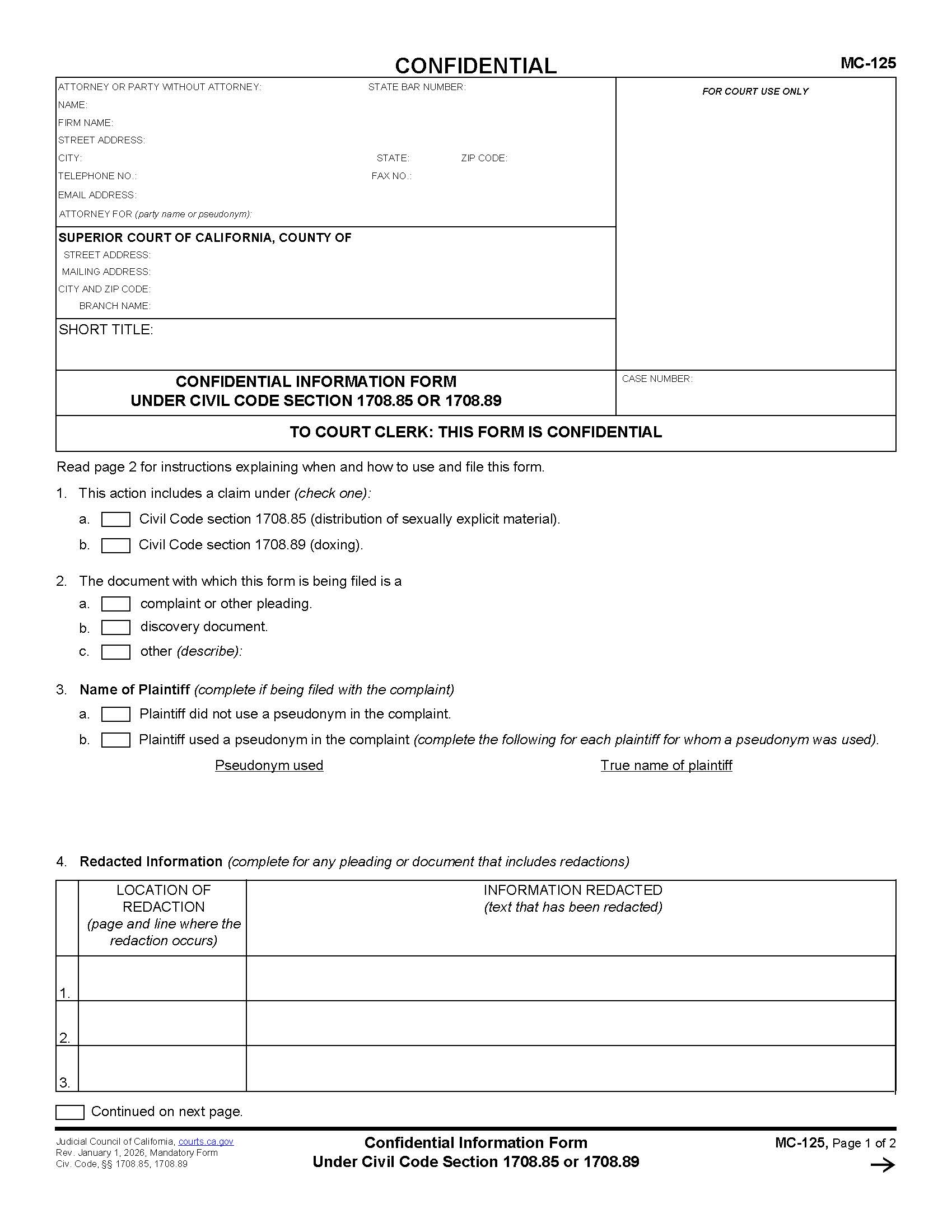 Confidential Information Form Under Civil Code Section 1708.85 {MC-125} | Pdf Fpdf Docx | California