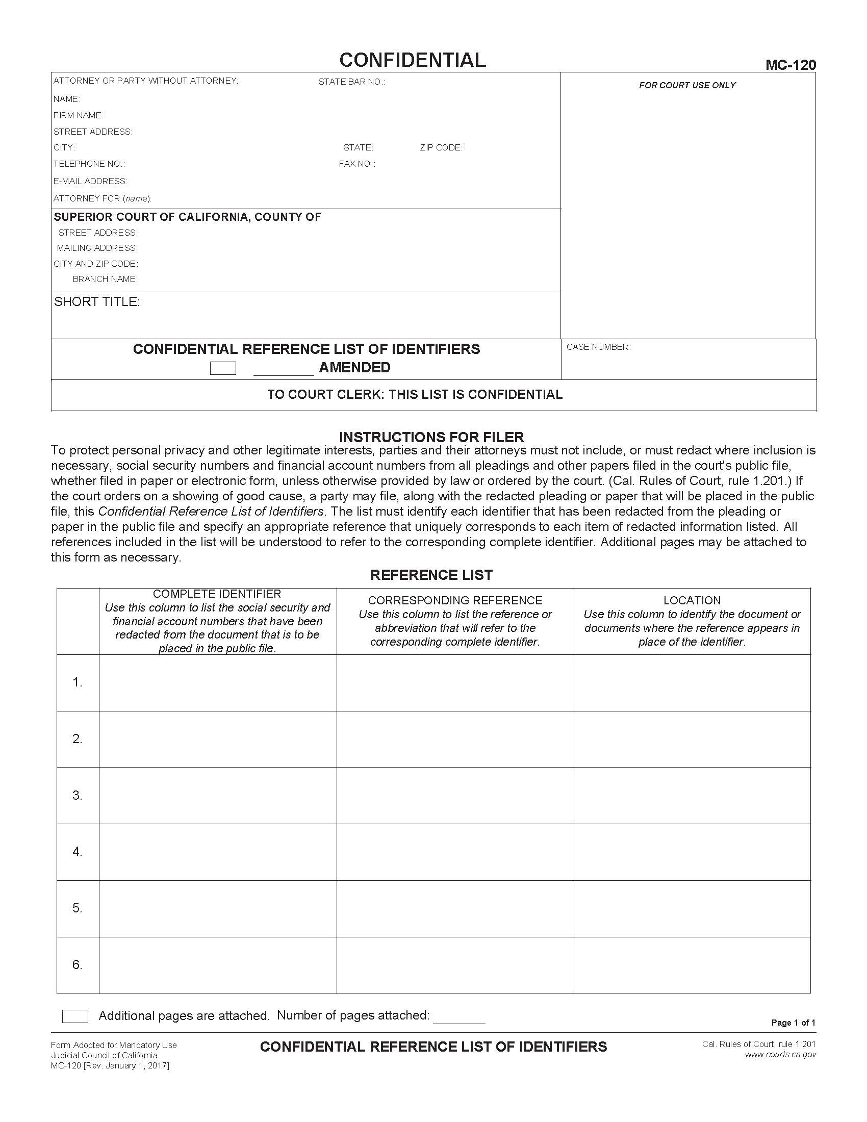 Confidential Reference List Of Identifiers {MC-120} | Pdf Fpdf Doc Docx | California
