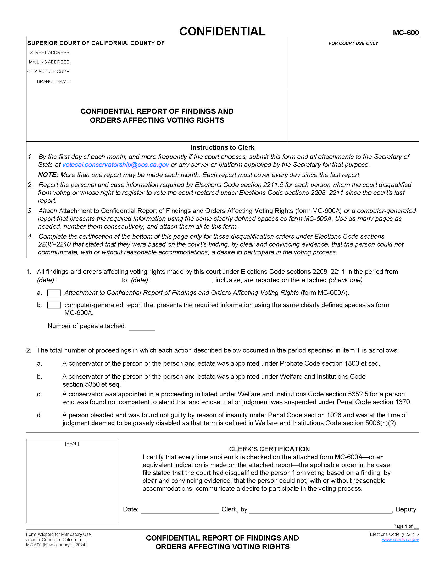 Confidential Report Of Findngs And Orders Affecting Voting Rights {MC-600} | Pdf Fpdf Docx | California