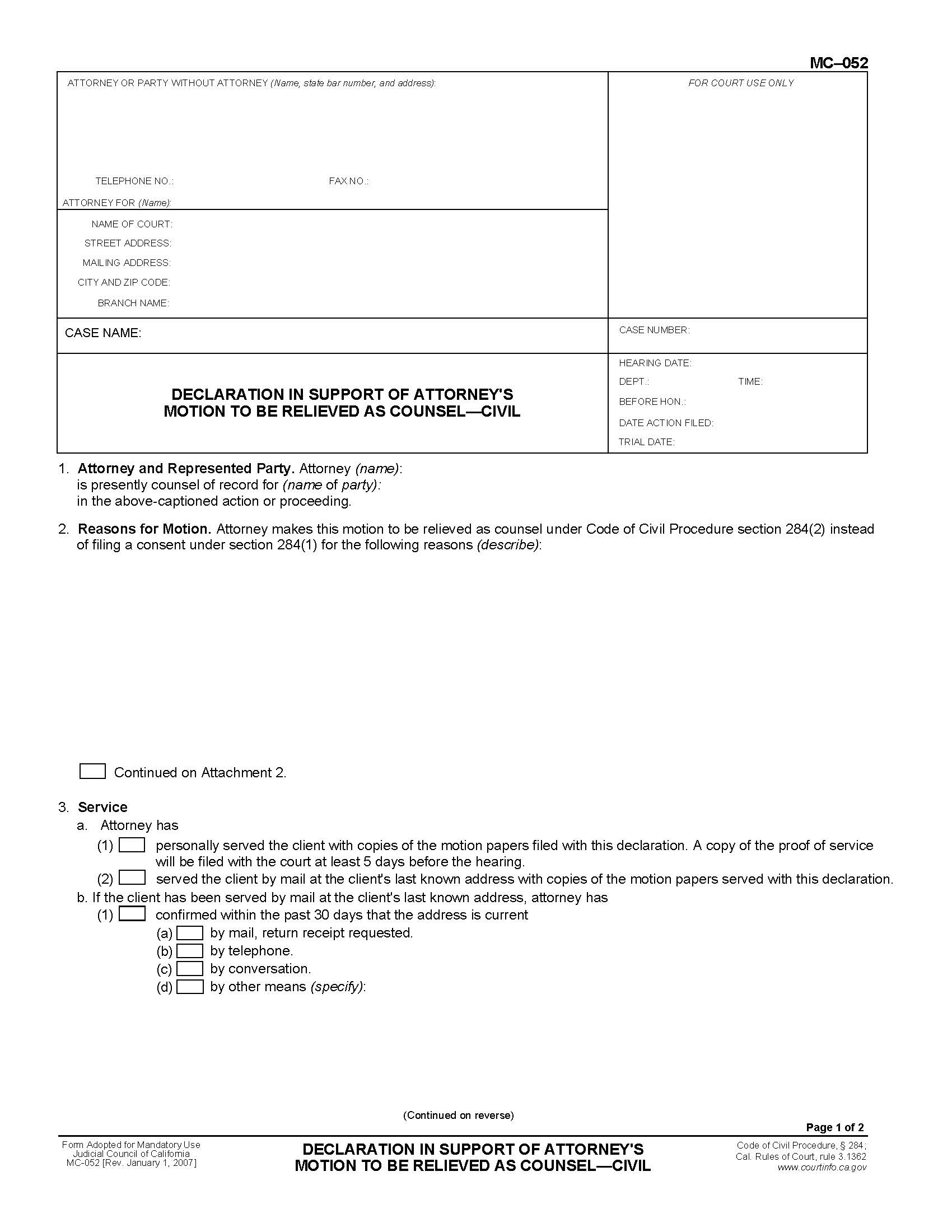 Declaration In Support Of Attorneys Motion To Be Relieved As Counsel Civil {MC-052} | Pdf Fpdf Doc Docx | California