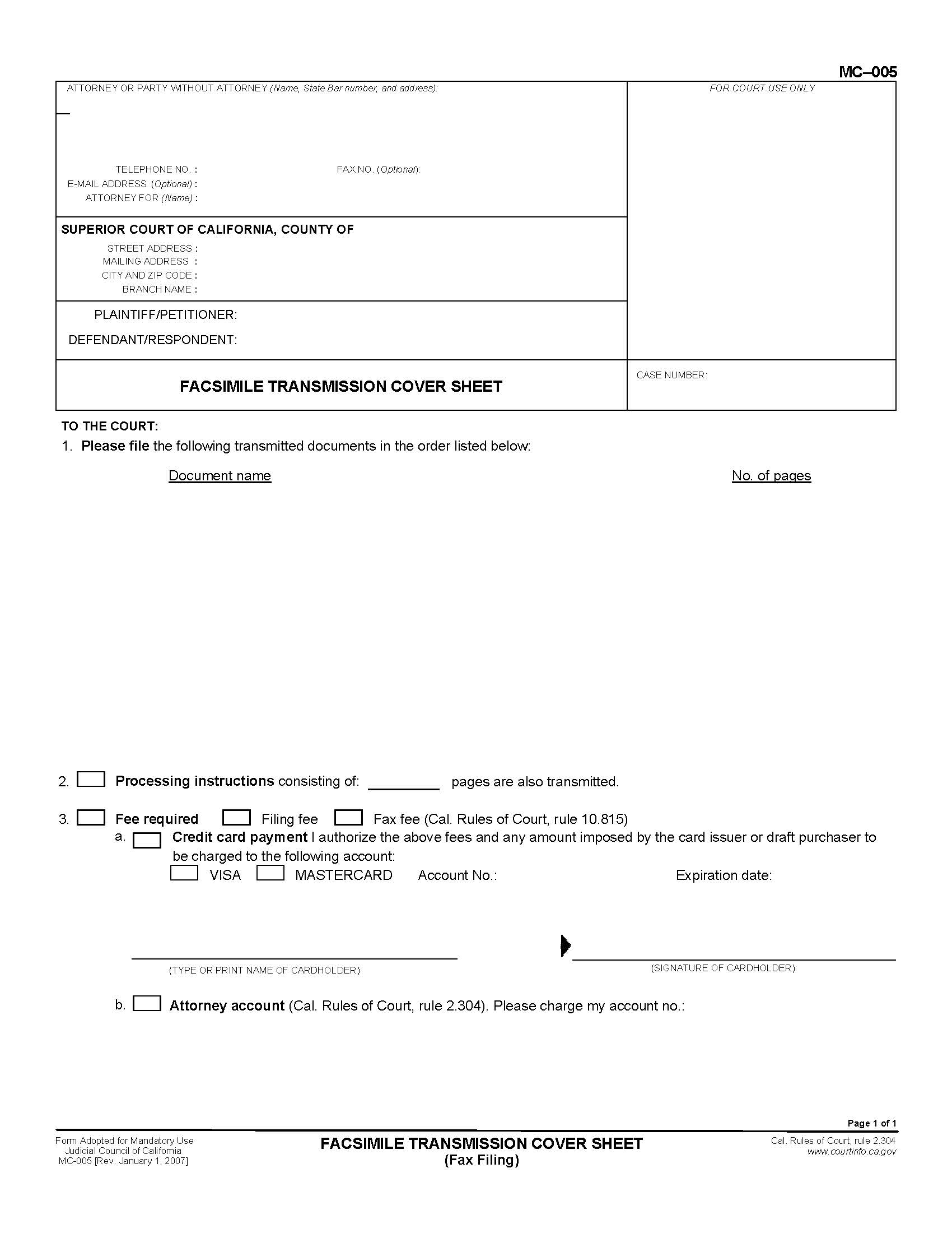 Facsimile Transmission Cover Sheet (Fax Filing) {MC-005} | Pdf Fpdf Doc Docx | California