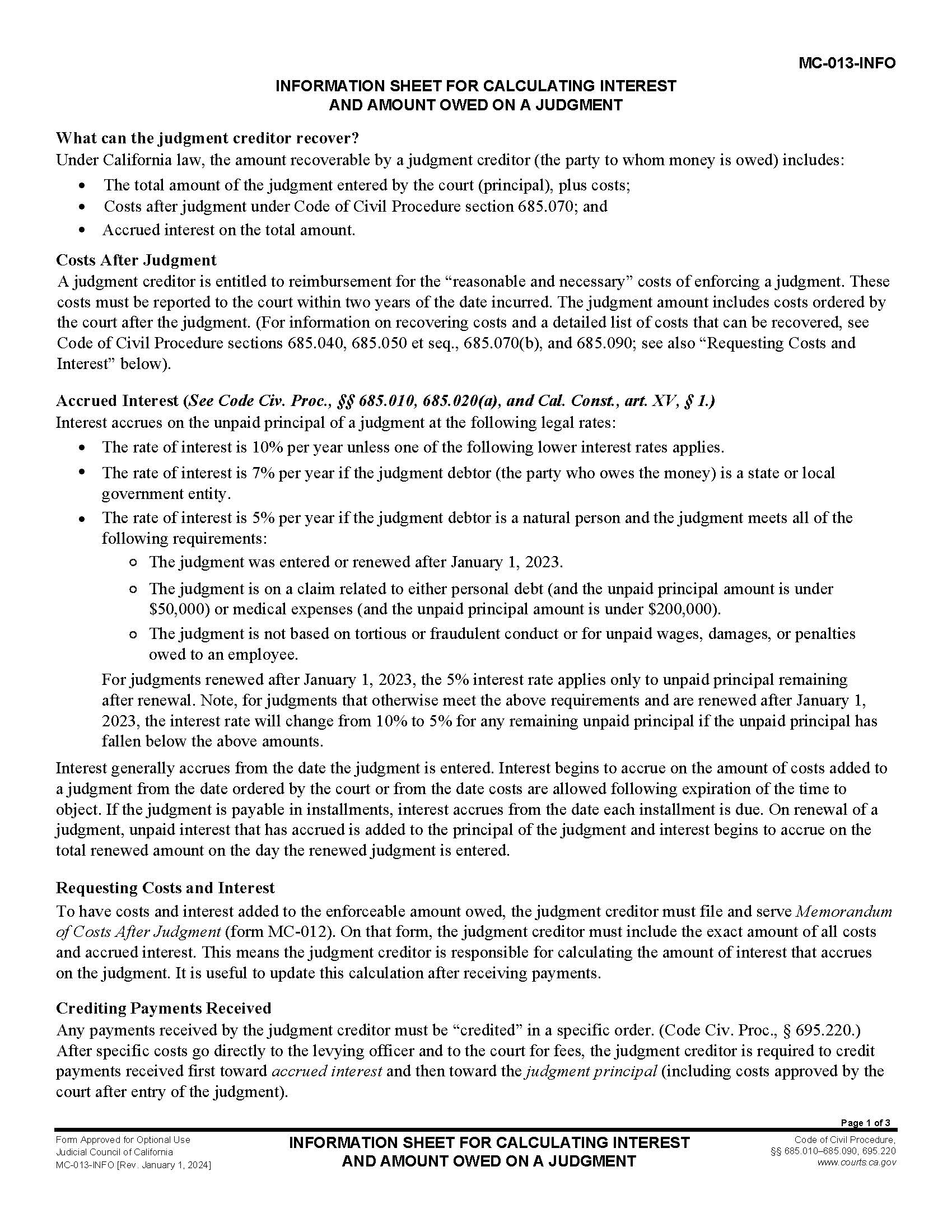 Information Sheet For Calculating Interest And Amount Owed On A Judgment {MC-013-INFO} | Pdf Fpdf Docx | California