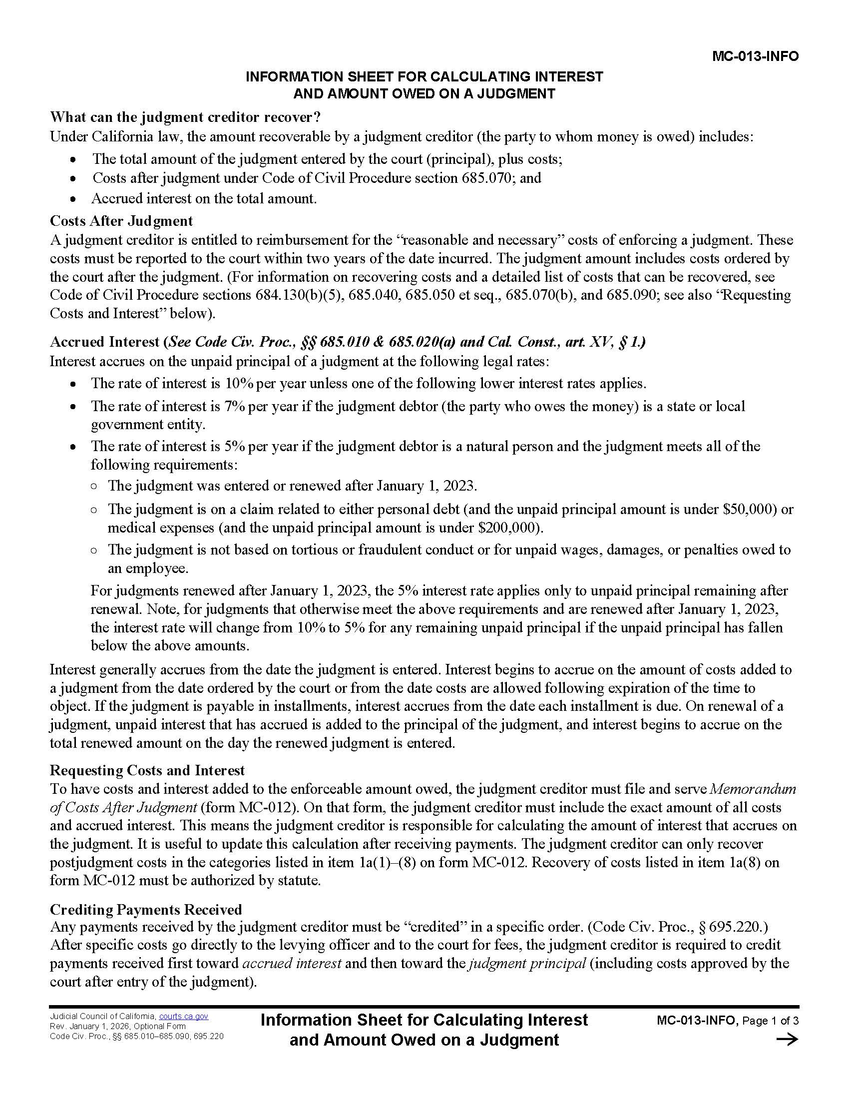 Information Sheet For Calculating Interest And Amount Owed On A Judgment {MC-013-INFO} | Pdf Fpdf Docx | California