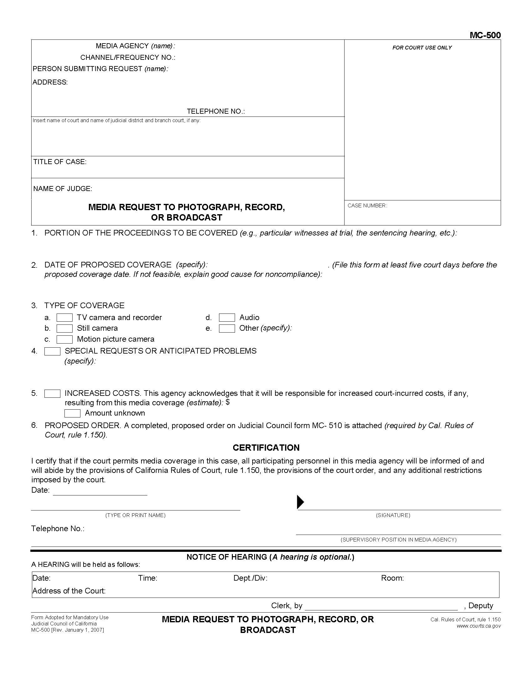 Media Request To Photograph Record Or Broadcast {MC-500} | Pdf Fpdf Doc Docx | California
