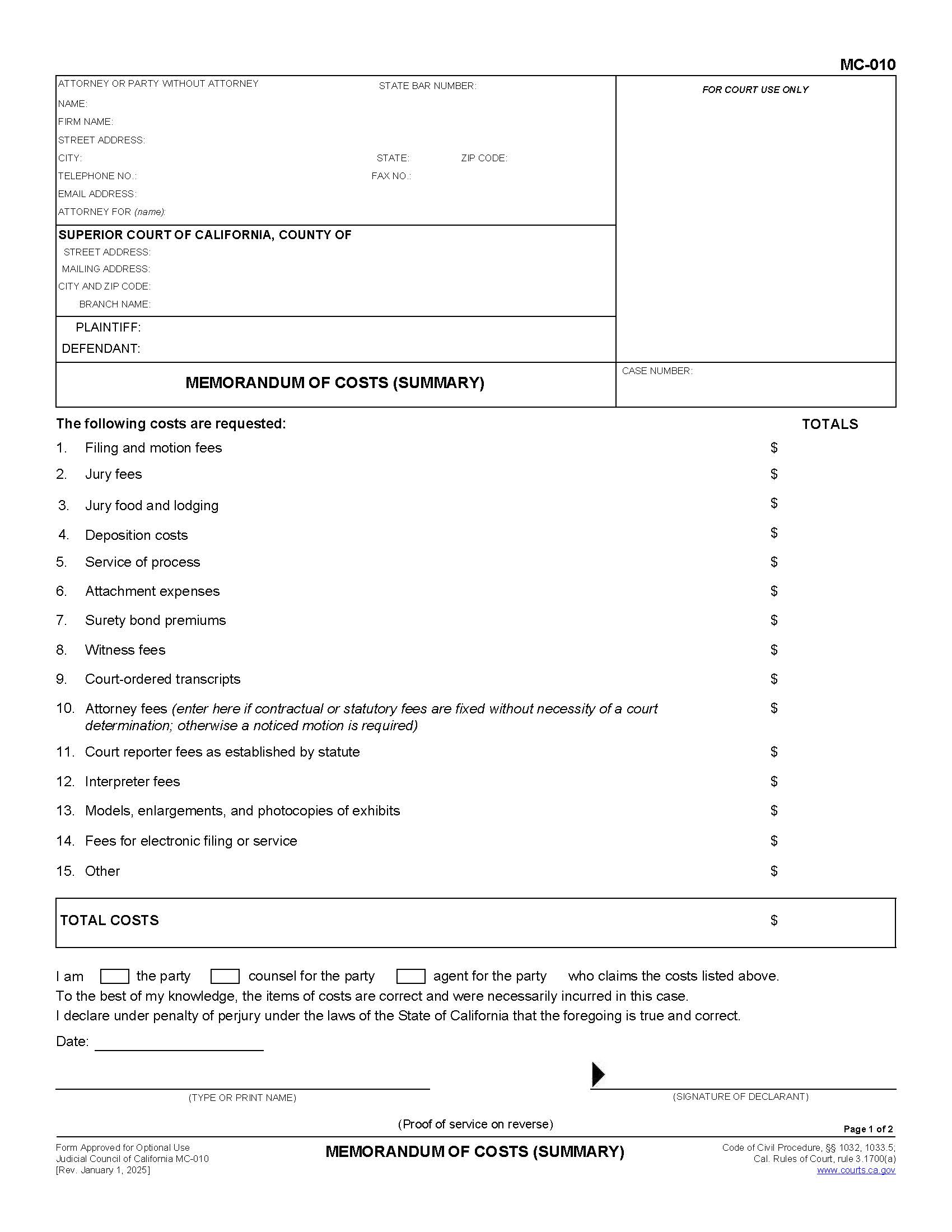 Memorandum Of Costs (Summary) {MC-010} | Pdf Fpdf Docx | California
