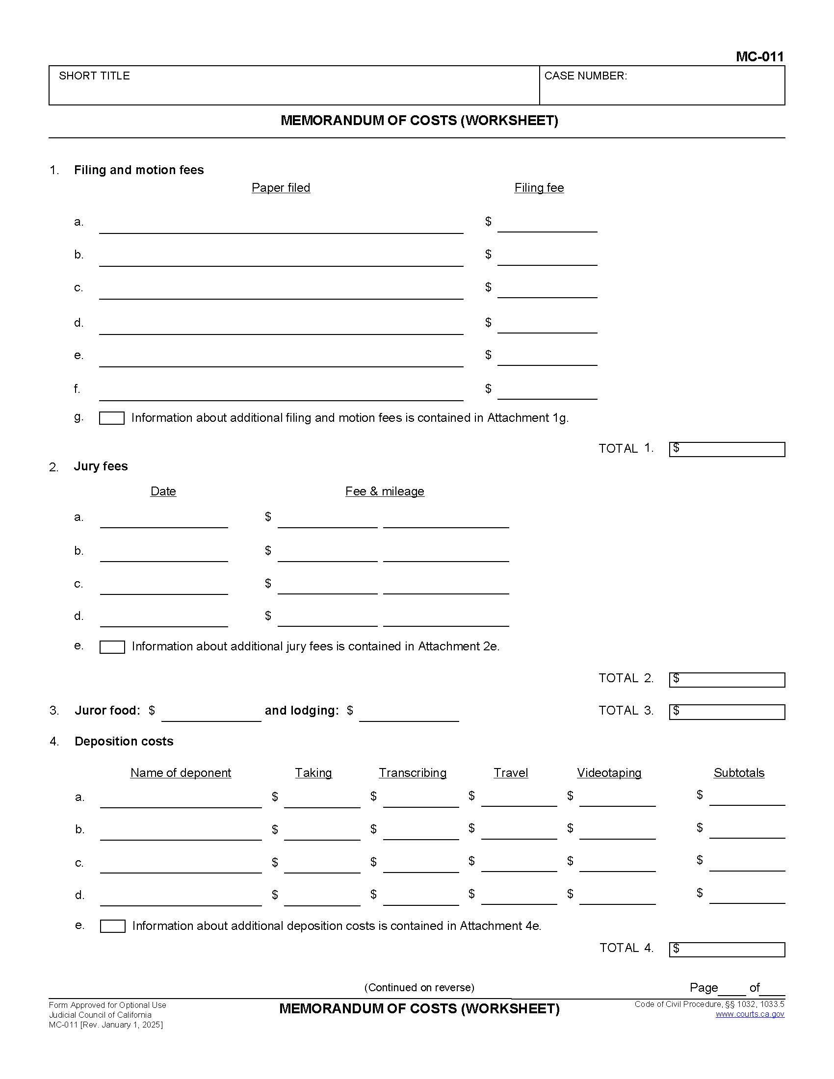 Memorandum Of Costs (Worksheet) {MC-011} | Pdf Fpdf Docx | California