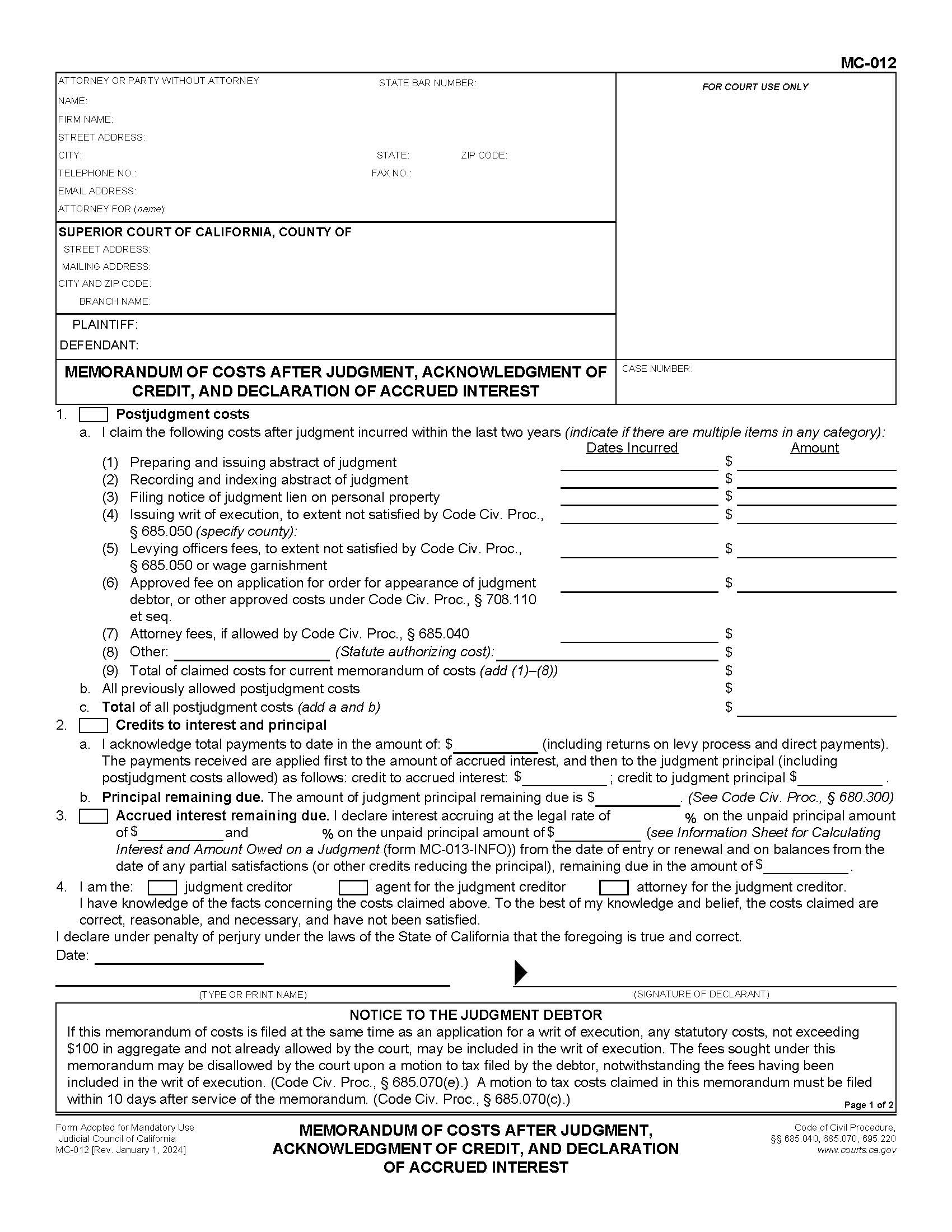 Memorandum Of Costs After Judgment Acknowledgment Of Credit And Declaration Of Accured Interest {MC-012} | Pdf Fpdf Docx | California