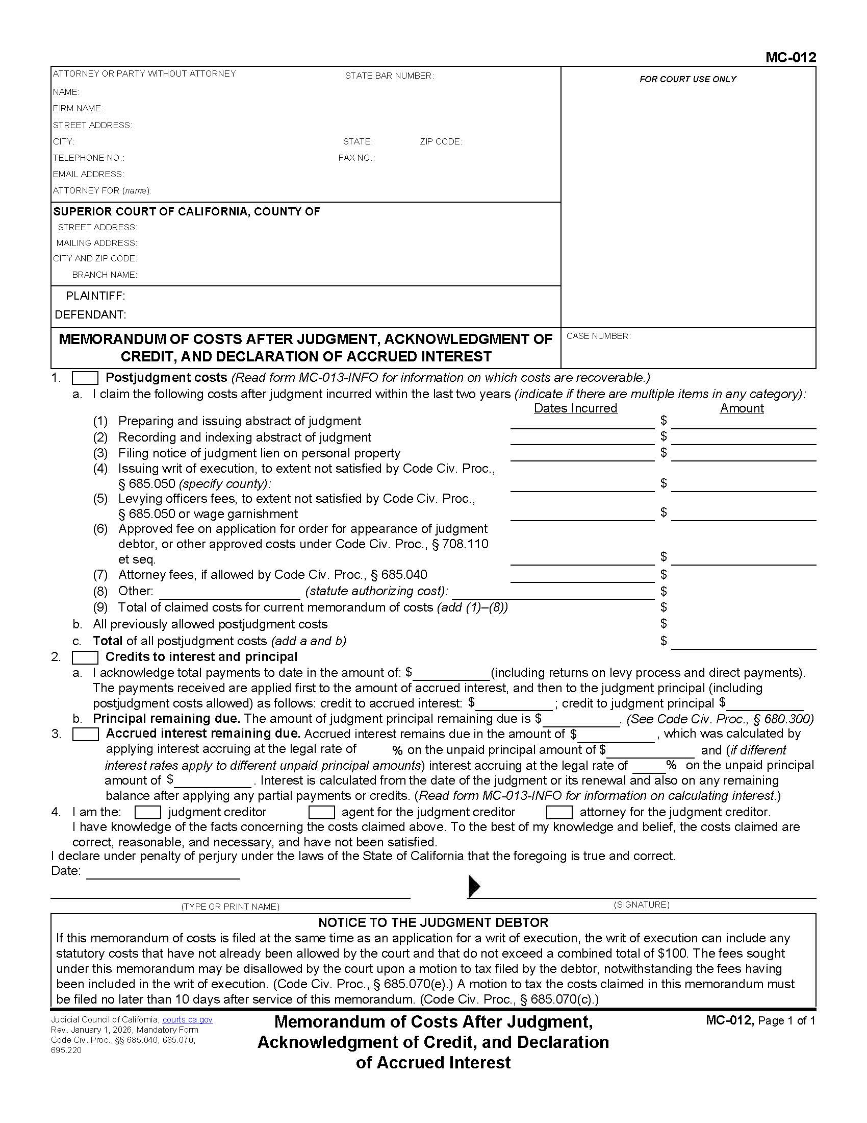 Memorandum Of Costs After Judgment Acknowledgment Of Credit And Declaration Of Accured Interest {MC-012} | Pdf Fpdf Docx | California