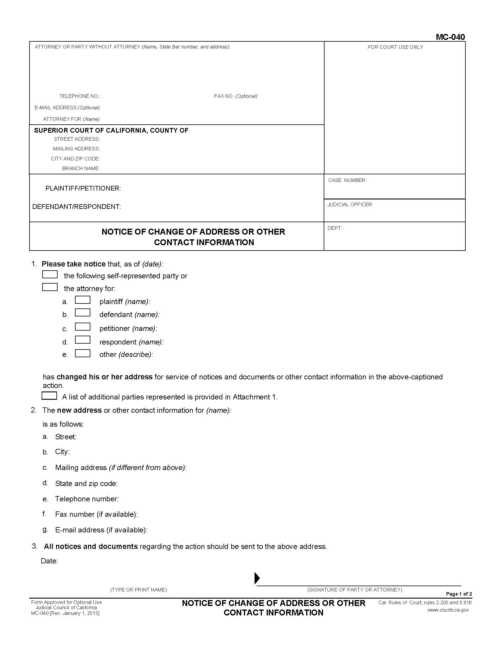 Notice Of Change Of Address Or Other Contact Information {MC-040} | Pdf Fpdf Doc Docx | California