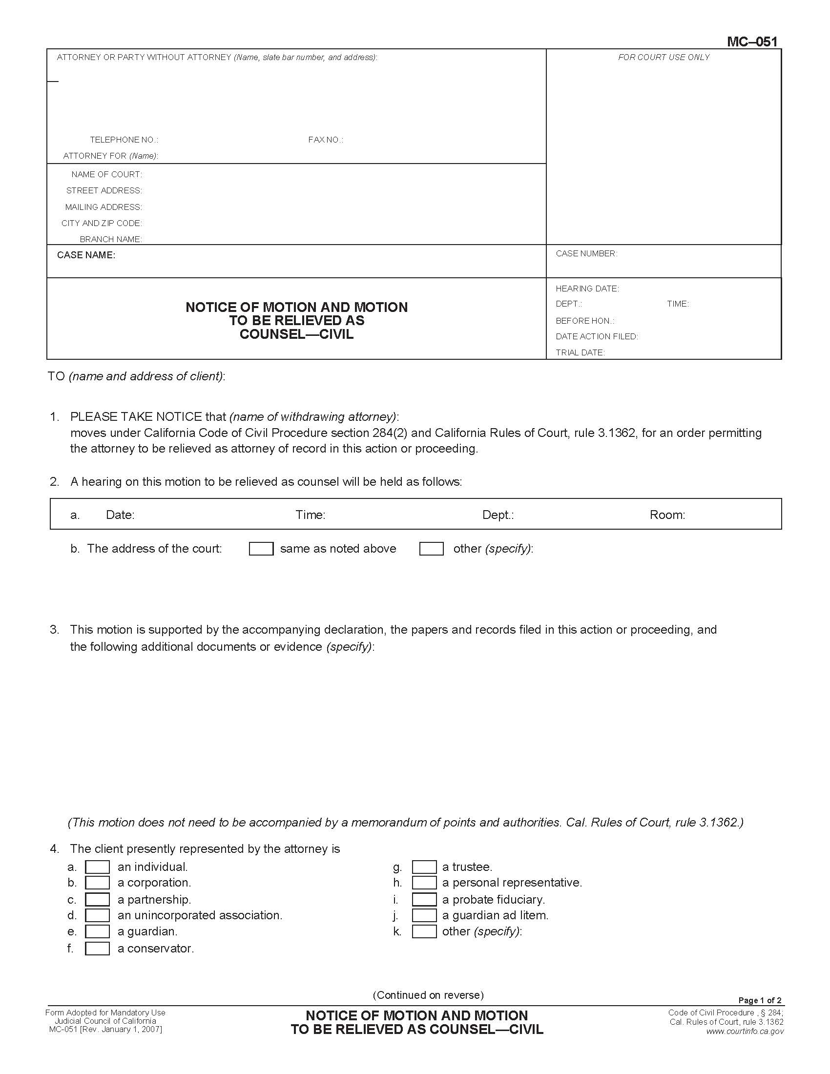 Notice Of Motion And Motion To Be Relieved As Counsel-Civil {MC-051} | Pdf Fpdf Doc Docx | California